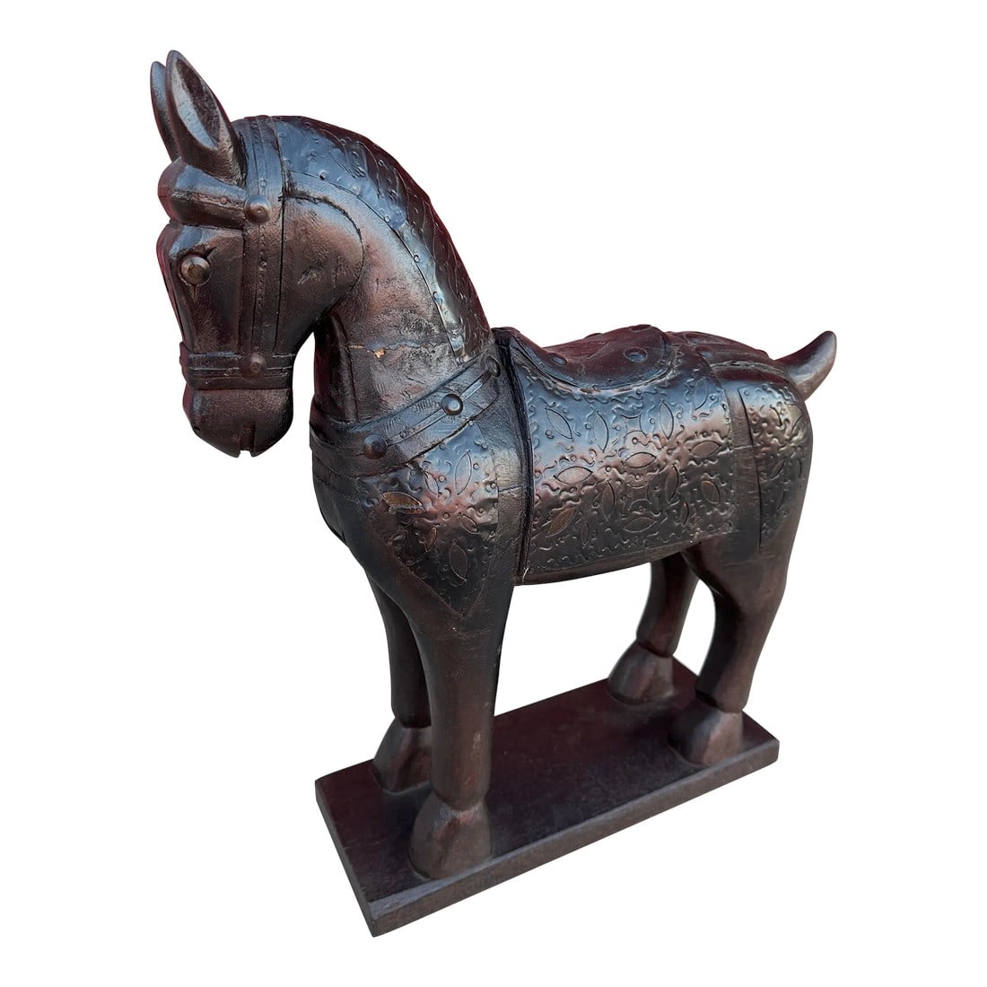 Hand Carved Wooden Horse Statue: Vintage Hand Carved Wooden Horse Figure made in India perfect for an entry table or coffee table or bookshelf. 17in w x 18in h x 5in d Make sure to follow me, I have flash sales for my followers only