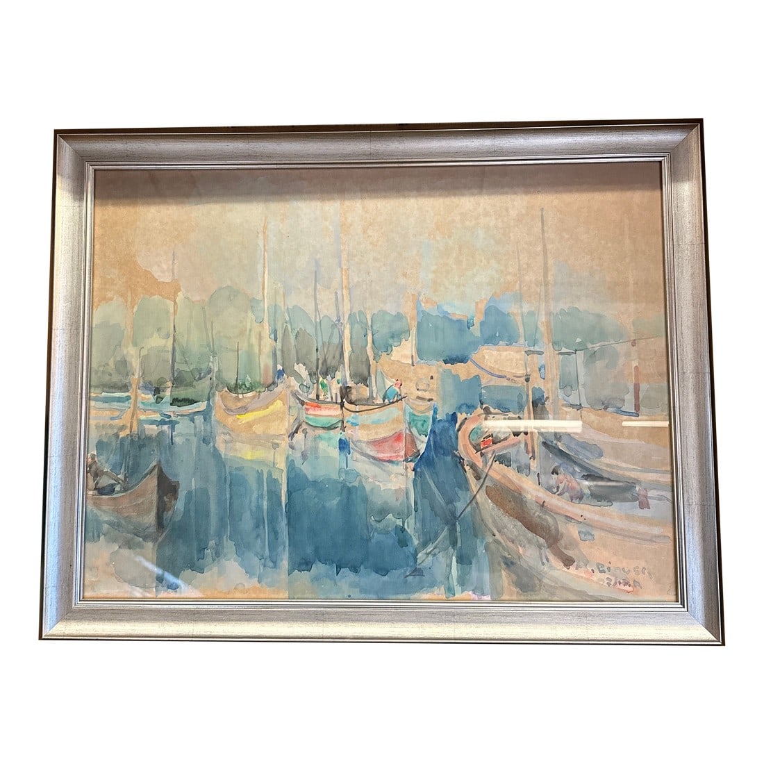 1950s Boat Harbor Water Exceptional Original Water Color by Avraham Binder (1906-2001): A very special piece that came out of Israel . By renowned Artist Avraham Binder. I This harbor scene is a DREAMY illustration of a restful PORT. THE COLORS OF THIS PIECE ARE SO GOOD, CALMING