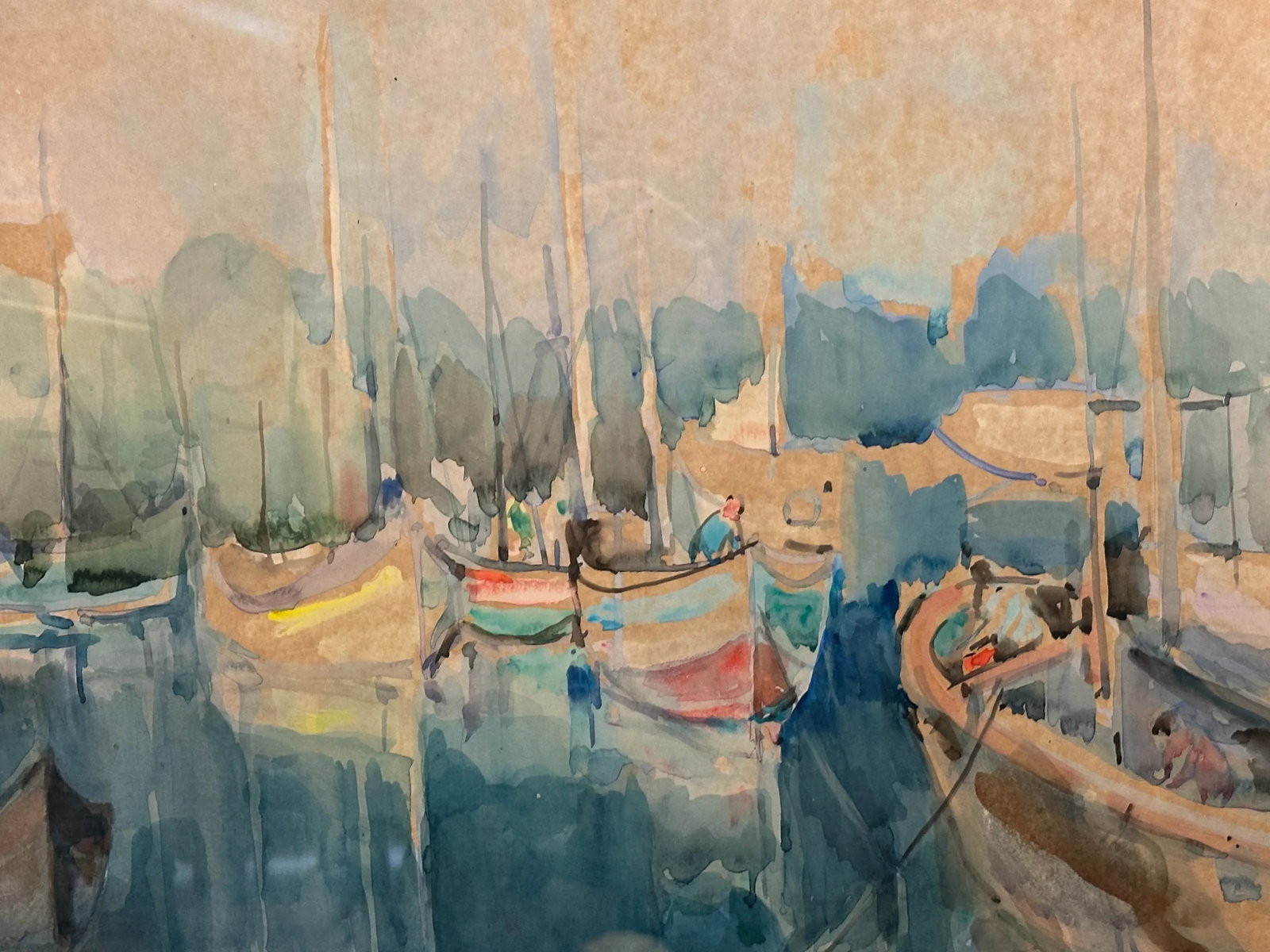 1950s Boat Harbor Water Exceptional Original Water Color by Avraham Binder (1906-2001) - 2