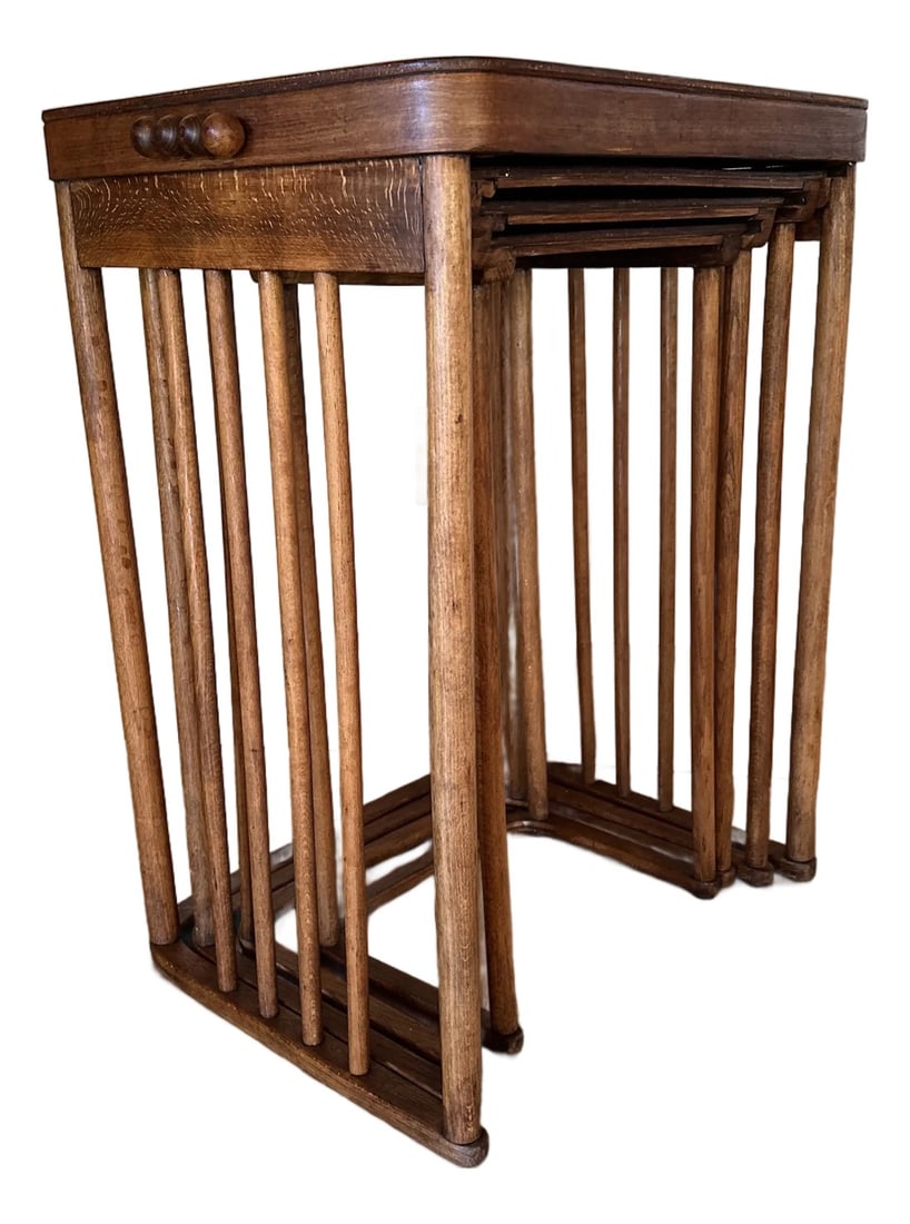 Joseph and Jacob Hoffman Nesting Table Set of 4 1906 +: Set of four stacking tables - by Joseph and Jacob Hoffman. Original finish. The largest is 24" x 17 3/4" x 29" tall. Innovative design history marking the exciting entrance into modernism. Josef Hoffm