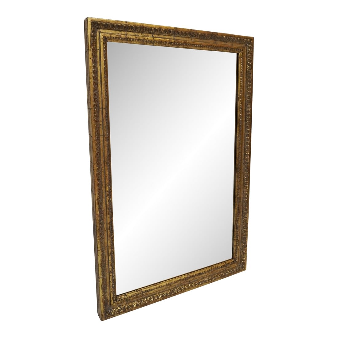 Gold Leaf Mirror by Mla: Beautiful, large carved mirror by MLA (Melissa Levinson). Neoclassical style with gold leaf detail. Produced to give an aged effect Condition: Imperfections: No Imperfections Dimensions: Height: 45 in