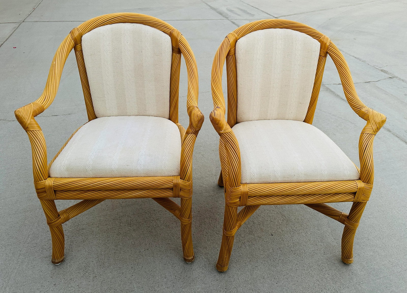 Coastal Rattan Upholstered Arm Chairs-a Pair - 7