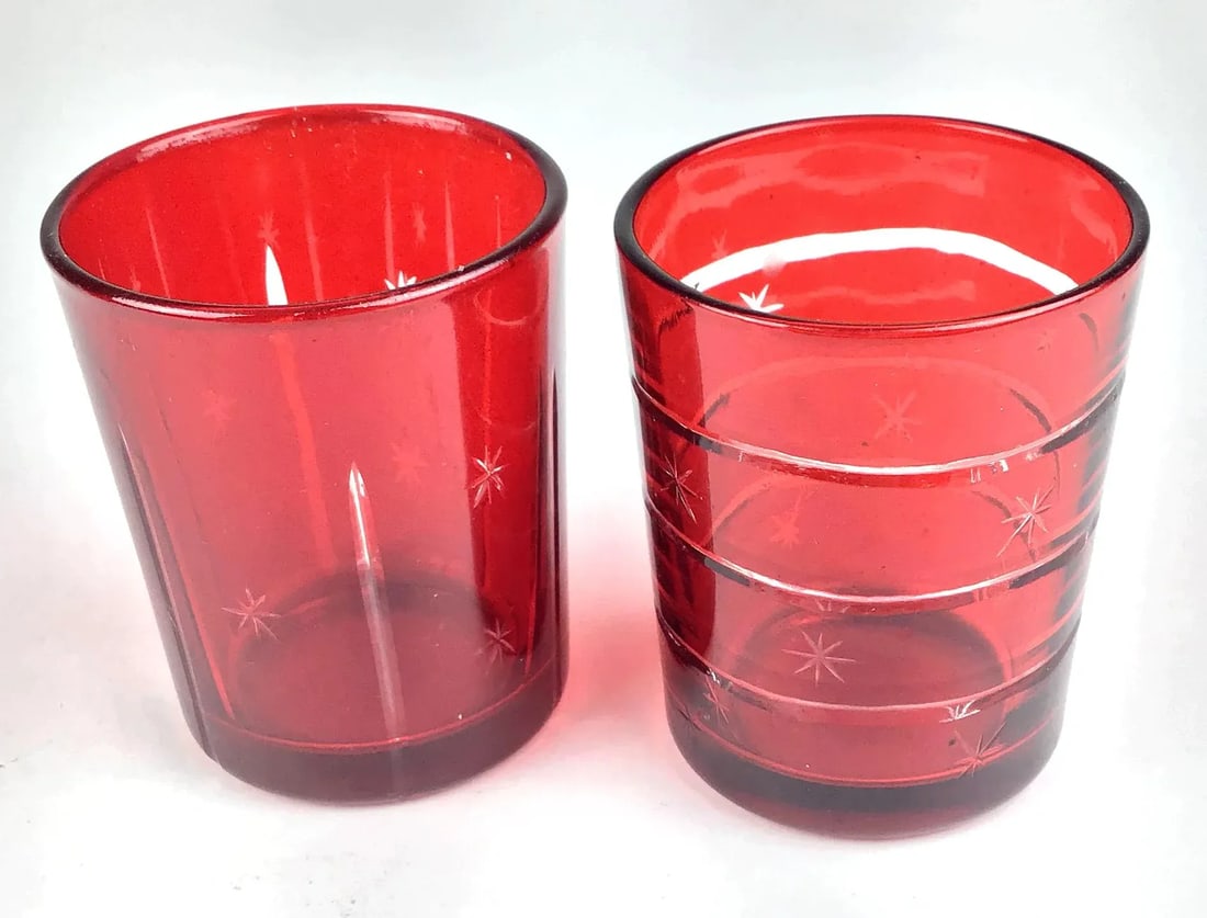 1990s Red Festive Star Themed Large Shot Glasses - a Pair - 9