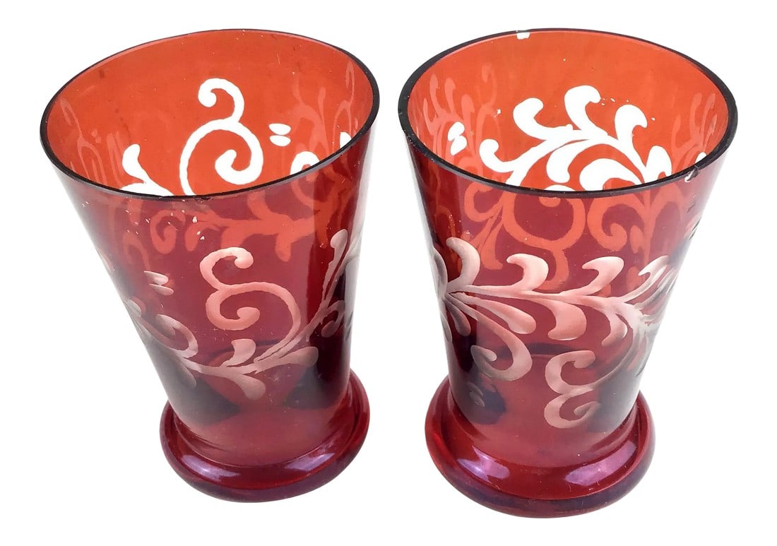 Red Crystal Etched Vintage Shot Glasse Set of Toothpick Holder - Set of 2: If you love these then get them. Use for a votive candle or toothpicks or your favorite liquor. Only one glass has the tiniest flea bite. Priced accordingly. Condition: Alterations: Original