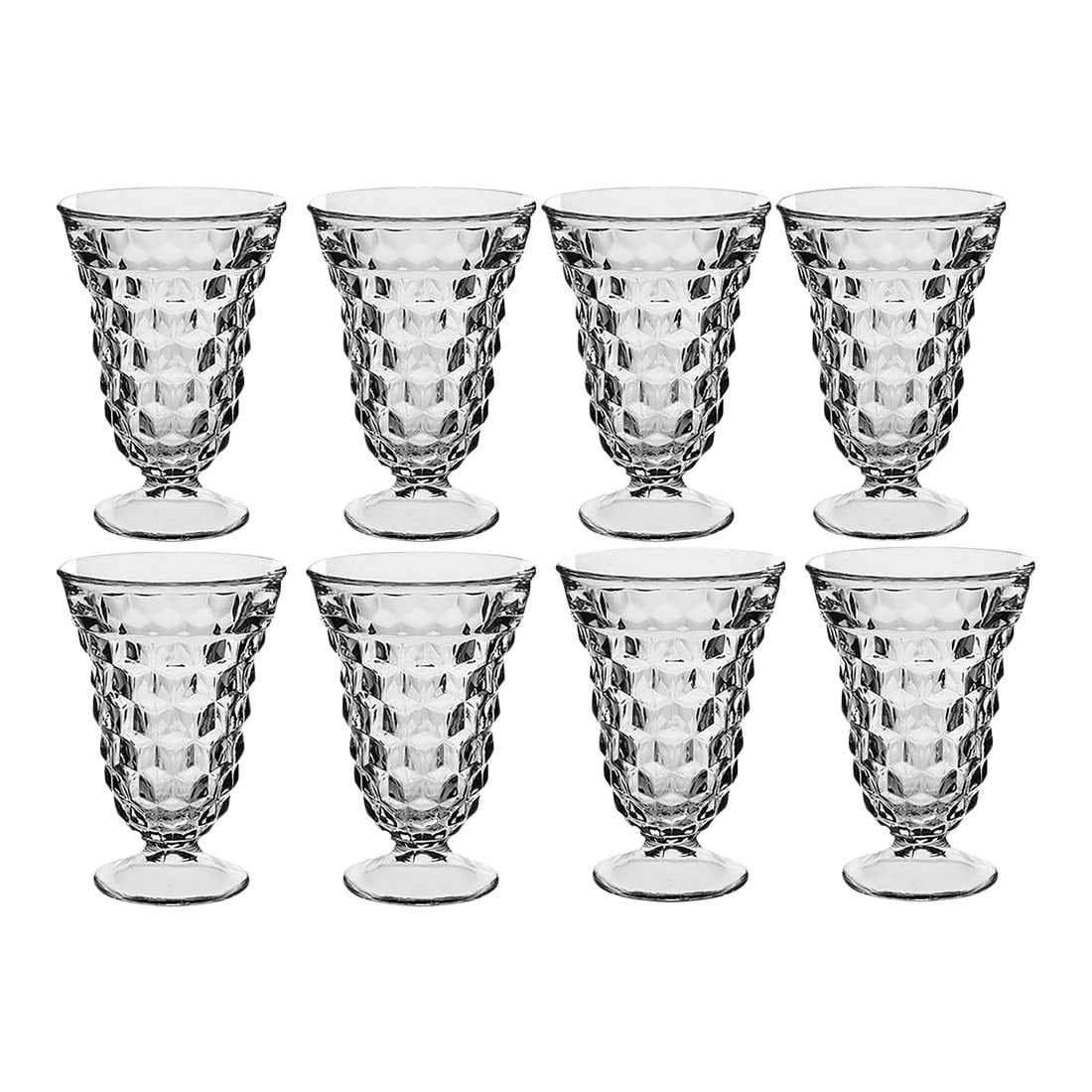 Fostoria American Clear Iced Tea Stem Glasses - Set of 8: Set of 8 Fostoria American Clear (Stem 2056) iced tea glasses. Pressed glass, crafted in the U.S., Discontinued Height: 5 3/4 in Width: 4 1/8 in Condition: Alterations: Original Condition Unaltered