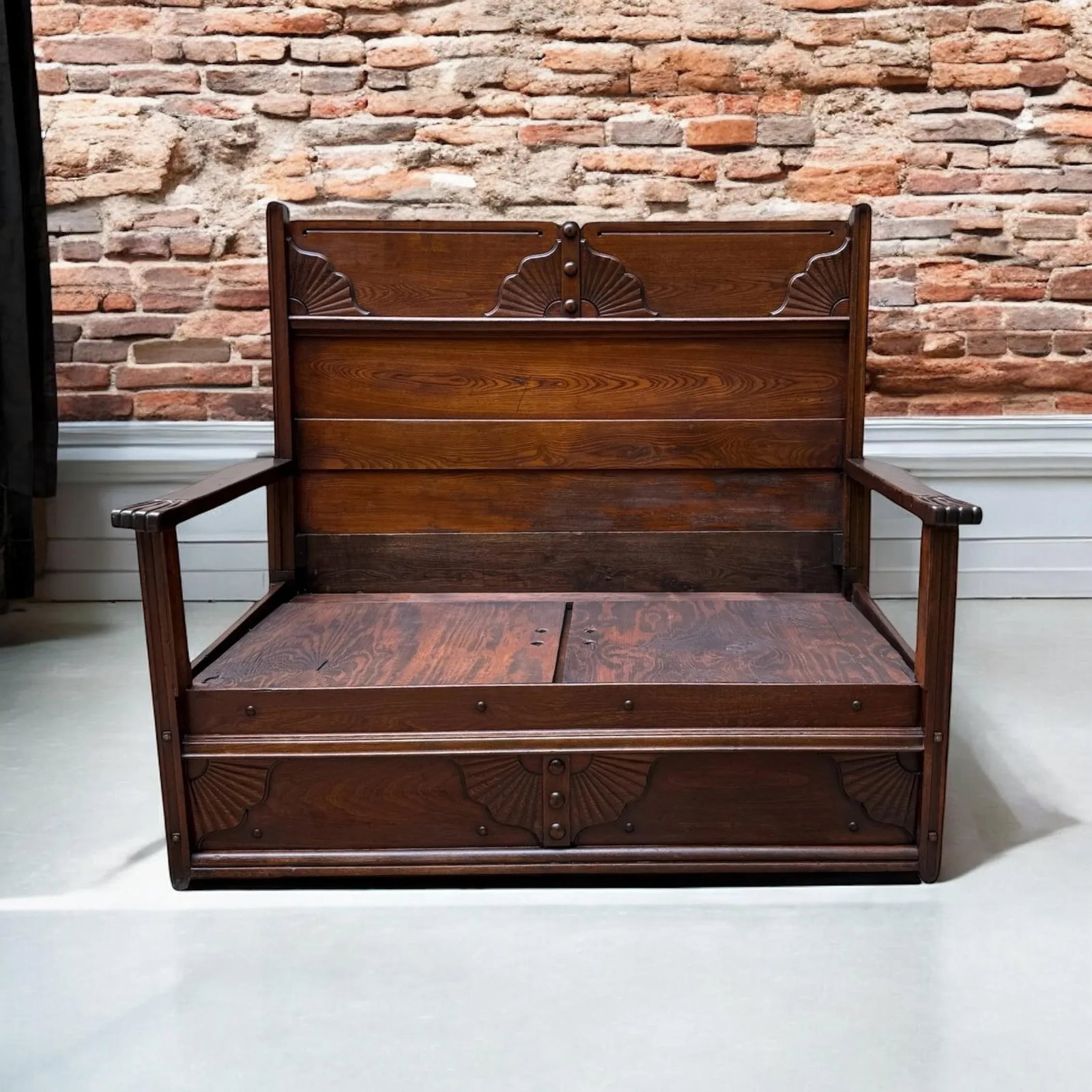 Late 19th Century Antique Victorian Eastlake High Back Box Settle Bench with Storage - 6