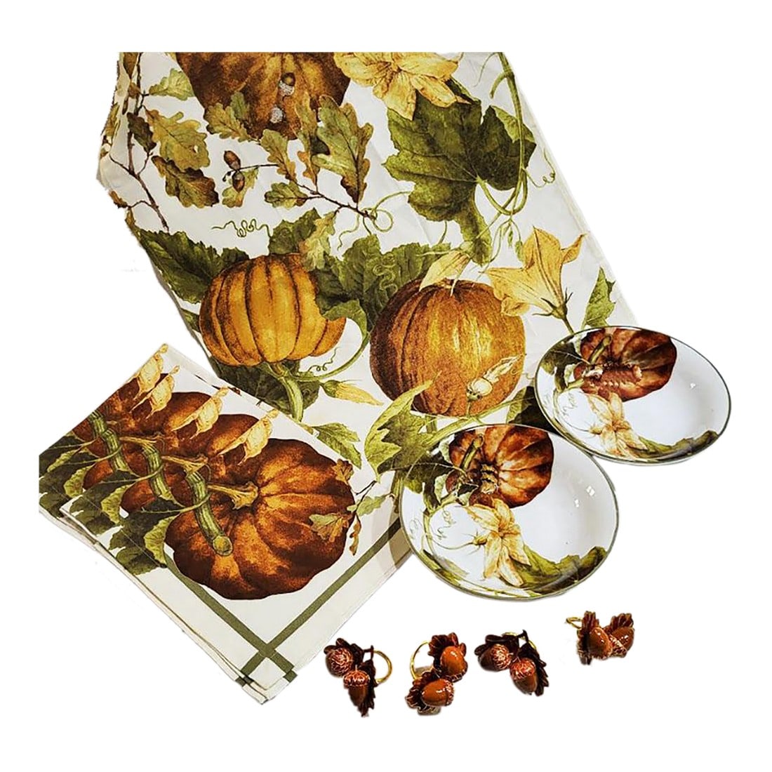 Williams-Sonoma Botanical Pumpkin Soup Plates Napkins, Towel & Napkin Rings Set- 11 Pieces: Williams - Sonoma Botanical Pumpkin accessories include 2 coupe soup bowls (8 3/4" x 2" high) which work as serving bowls, 4 100% cotton napkins 19" x 19" , 1 towel 20" x 30" & 4 very rare acorn napki