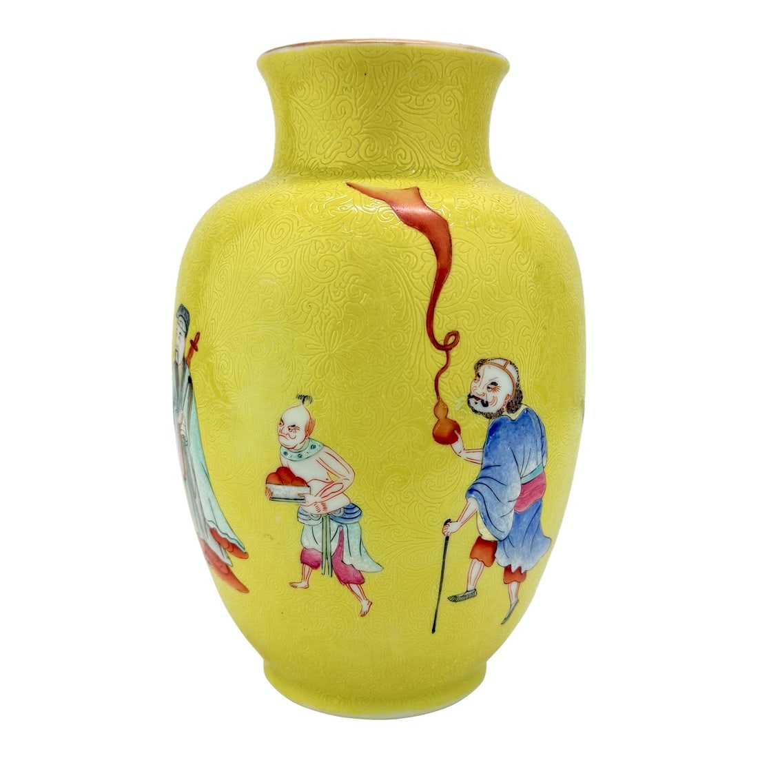 Fine Republic Period Chinese Porcelain Vase Carved Yellow Ground Enamel Figures: This finely enameled Chinese porcelain vase, likely dating to the Republic period (early to mid-20th century), exhibits a strong revivalist aesthetic referencing the Qianlong court style. The baluster