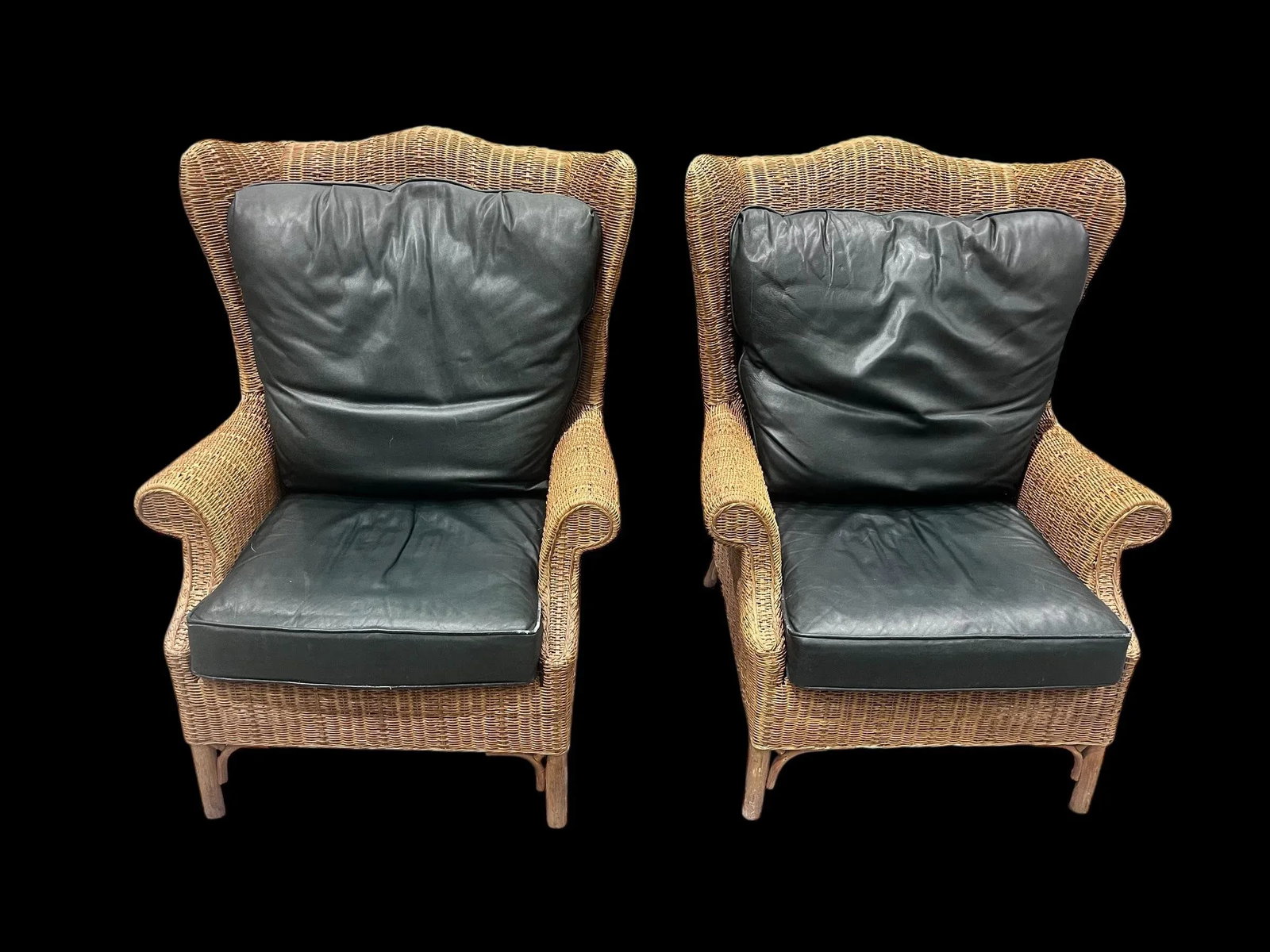 Pair of Large Wicker Wingback Chairs With Ottoman by Henry Link for Lexington Furniture 1972 - 2