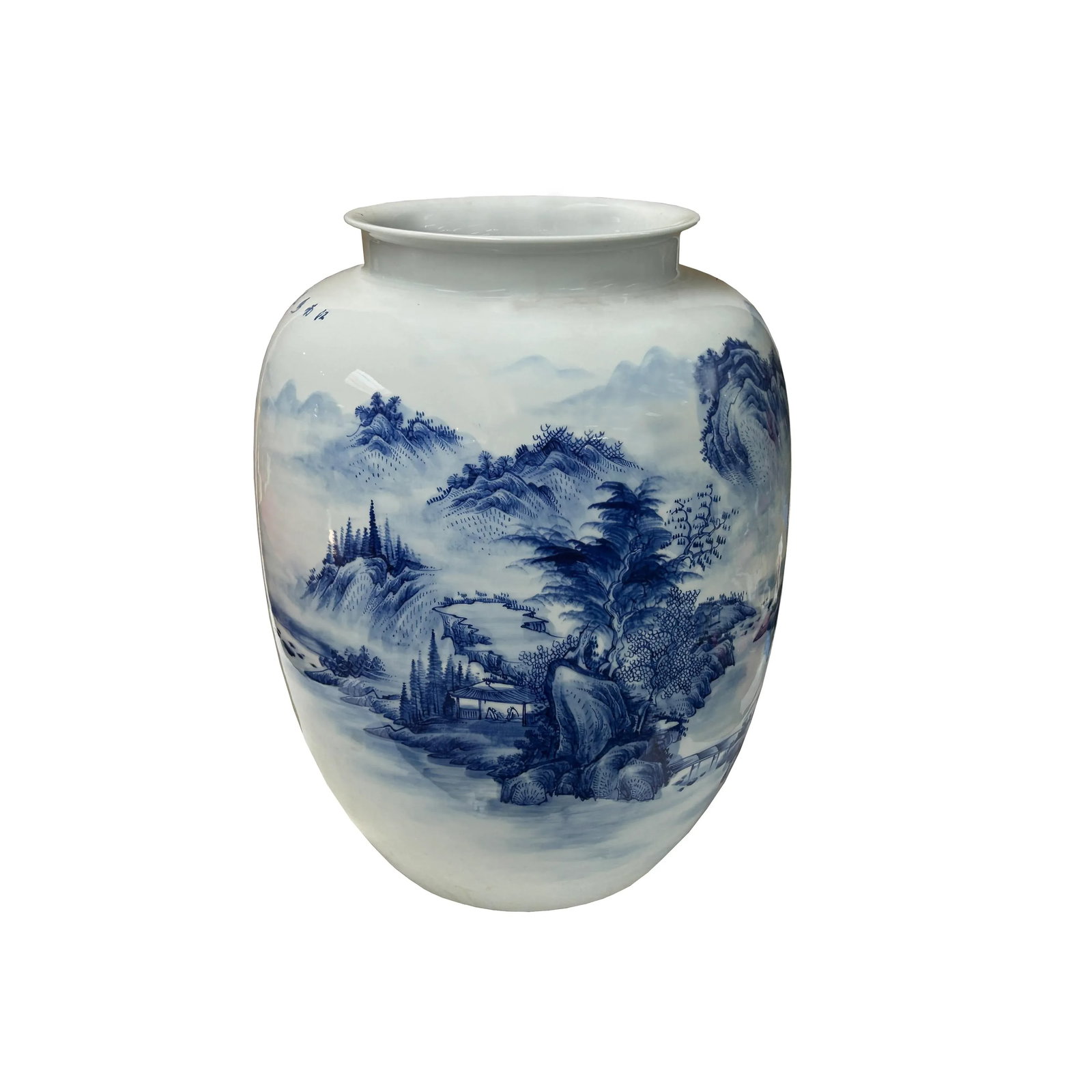 Chinese Blue White Handpaint Mountain Tree Scenery Porcelain Vase - 2