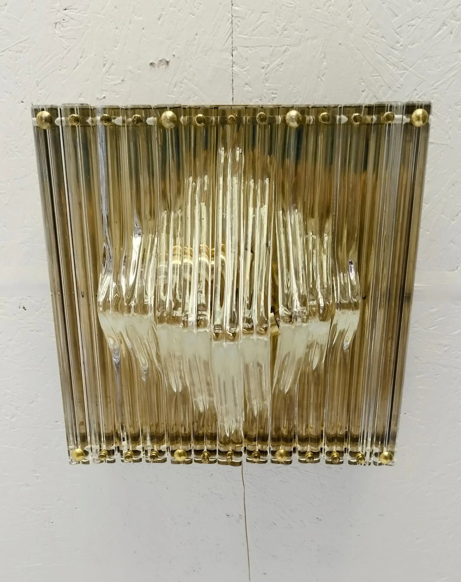 Murano Venini Styled Curved Quadriedri Crystal Glass Chevron Flush Mount in Brass, Italy, 1970s - 13