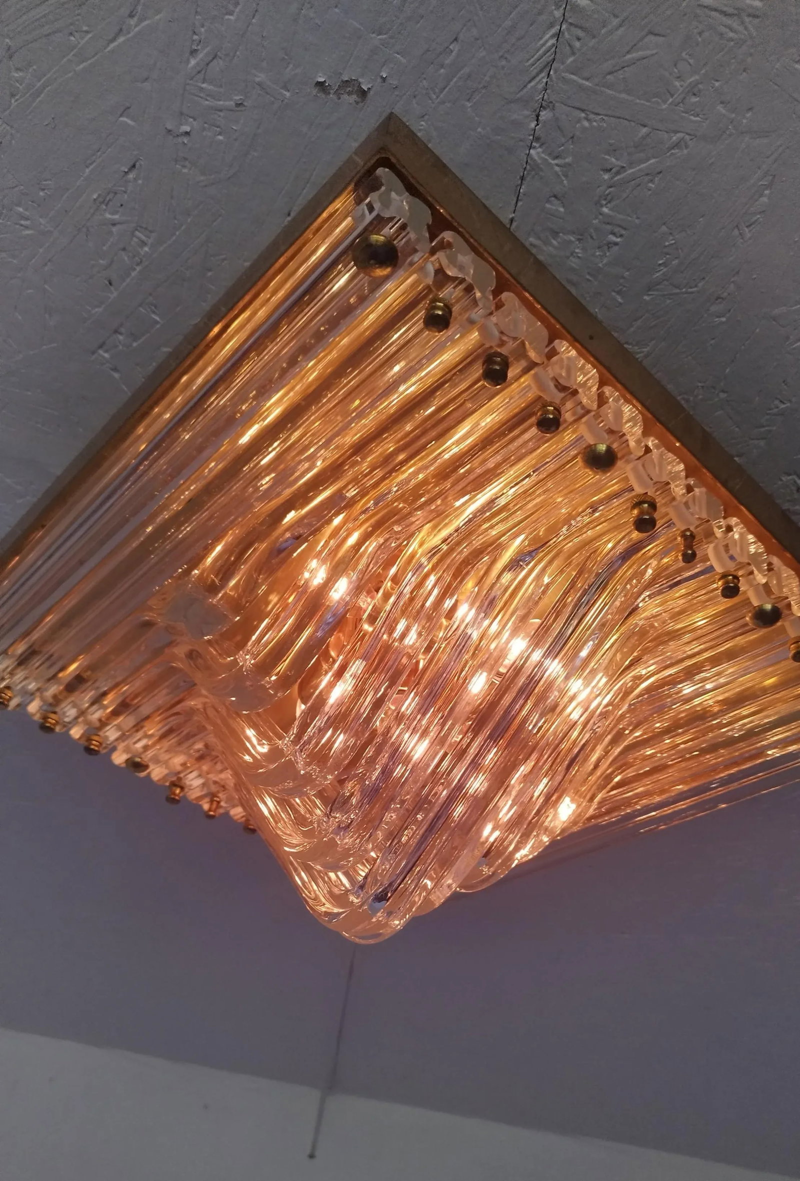 Murano Venini Styled Curved Quadriedri Crystal Glass Chevron Flush Mount in Brass, Italy, 1970s - 5