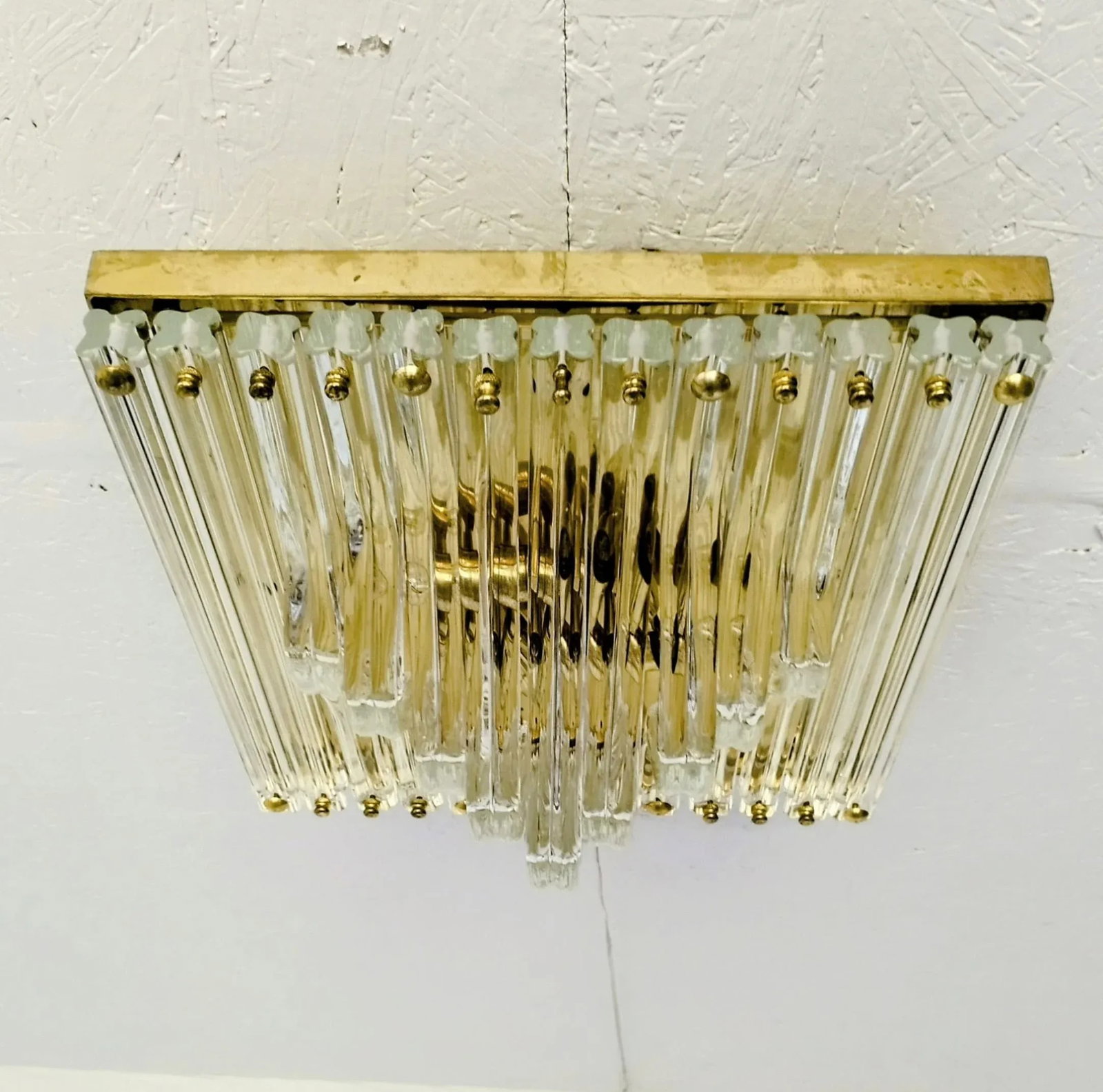 Murano Venini Styled Curved Quadriedri Crystal Glass Chevron Flush Mount in Brass, Italy, 1970s - 8