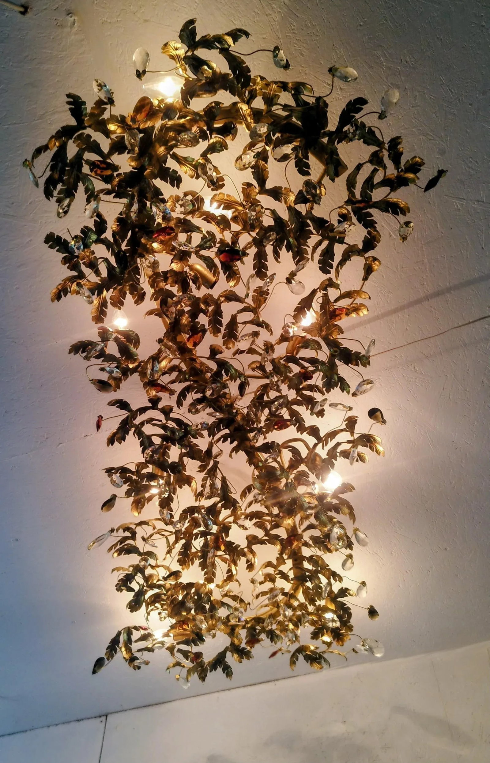 Large Monumental Wrought Iron Leaf & Crystal Rectangular Flush-Mount Chandelier Hollywood Regency 19 - 11