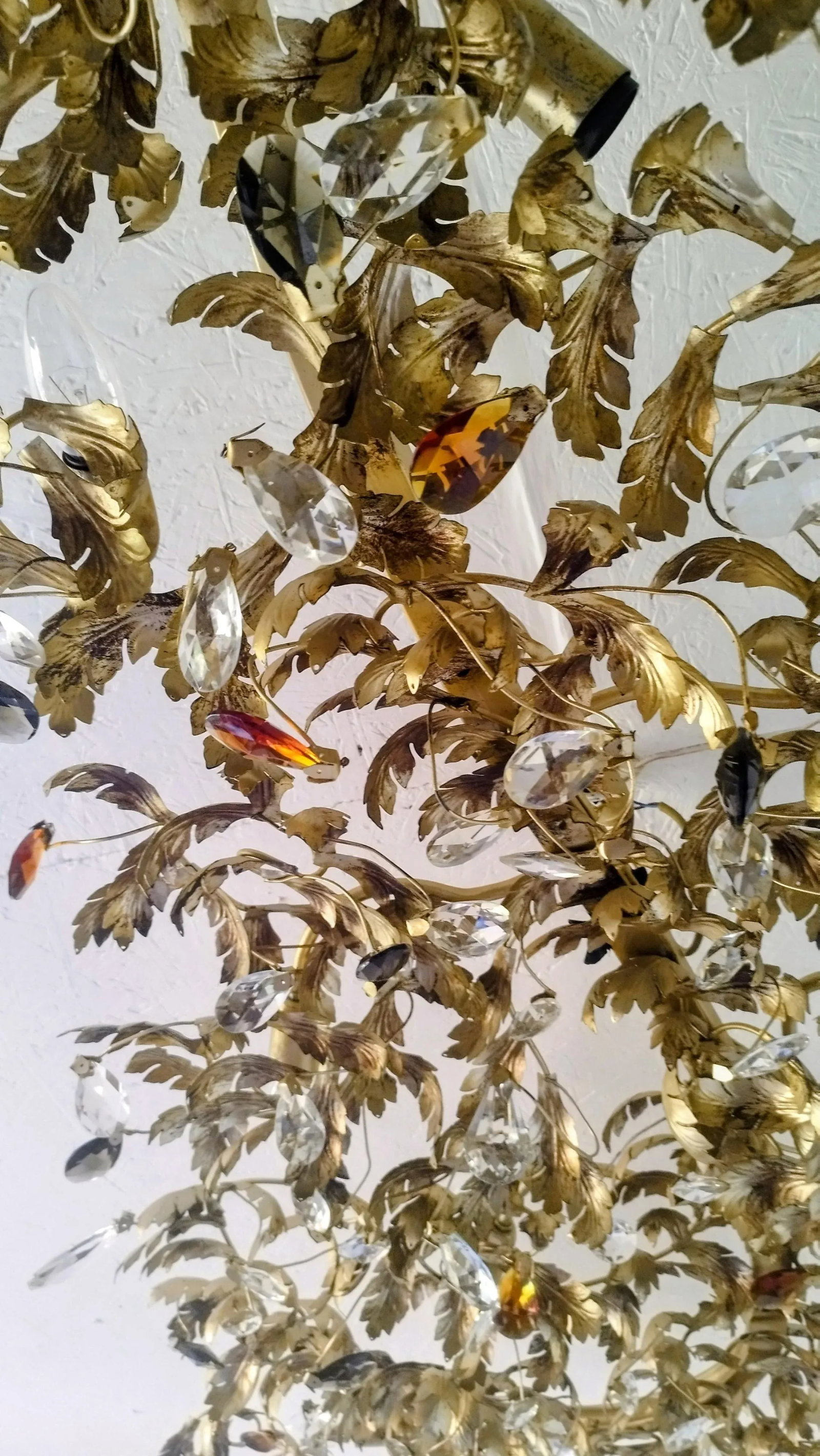 Large Monumental Wrought Iron Leaf & Crystal Rectangular Flush-Mount Chandelier Hollywood Regency 19 - 12