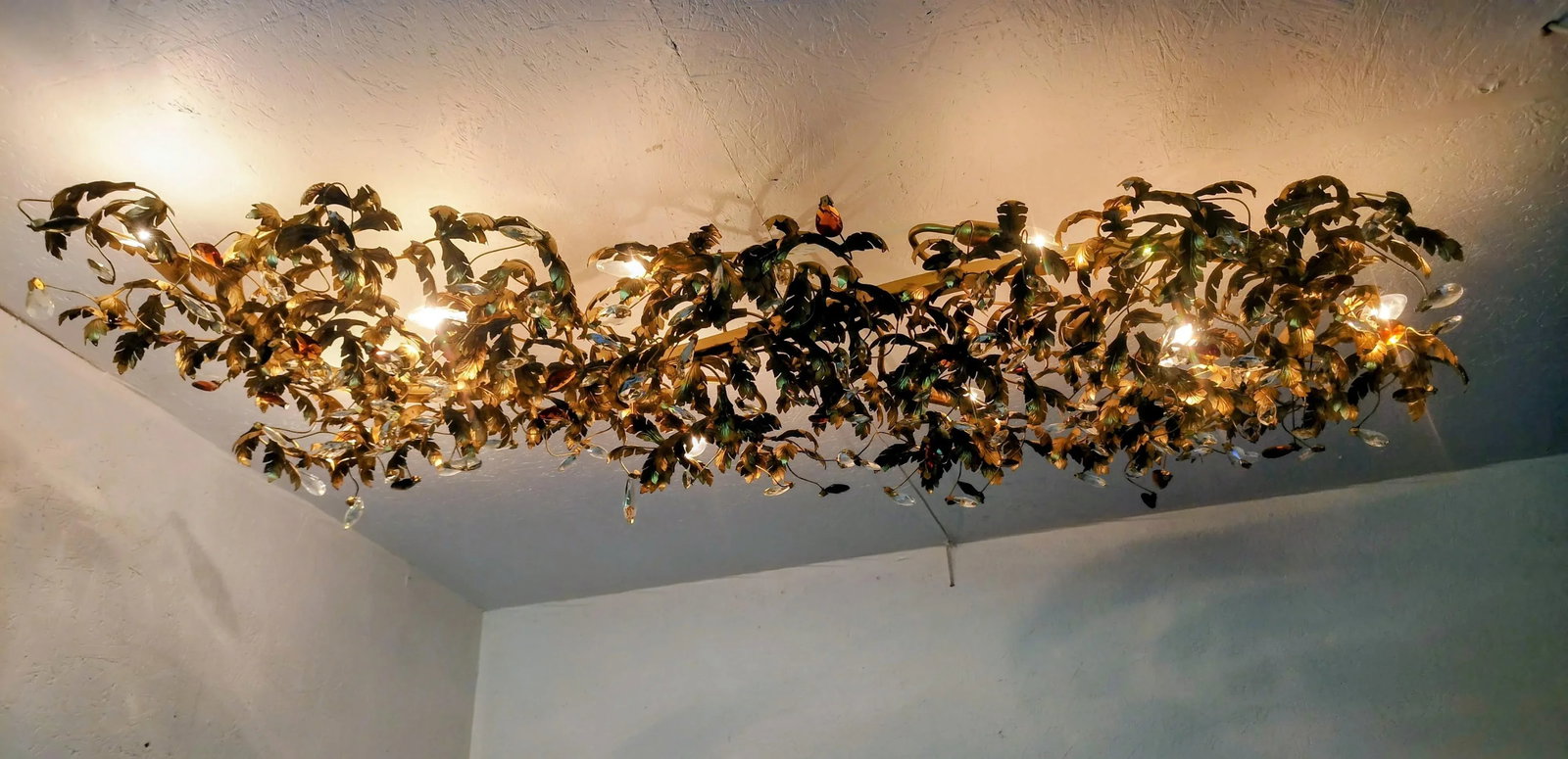 Large Monumental Wrought Iron Leaf & Crystal Rectangular Flush-Mount Chandelier Hollywood Regency 19 - 14