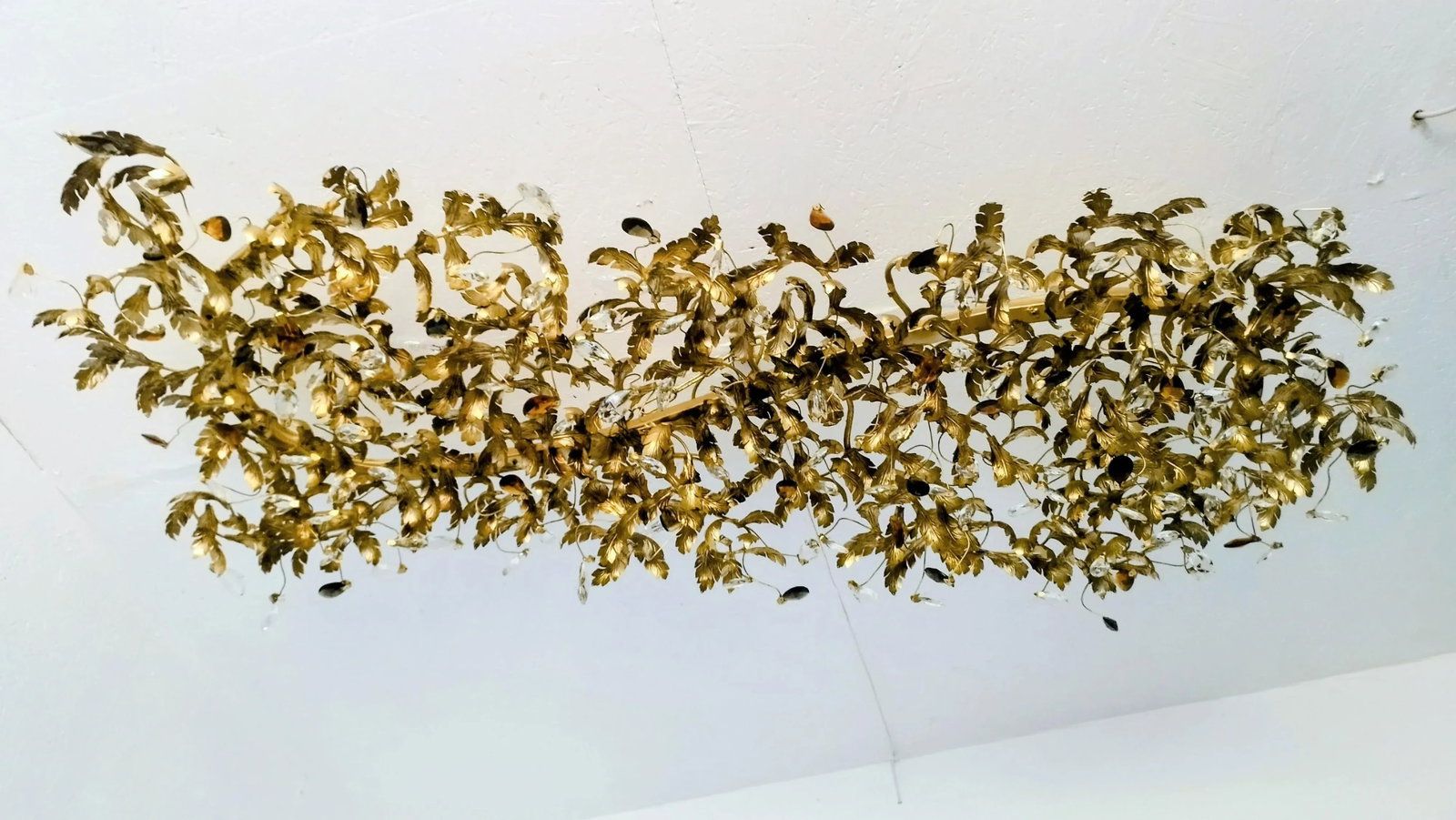 Large Monumental Wrought Iron Leaf & Crystal Rectangular Flush-Mount Chandelier Hollywood Regency 19 - 7