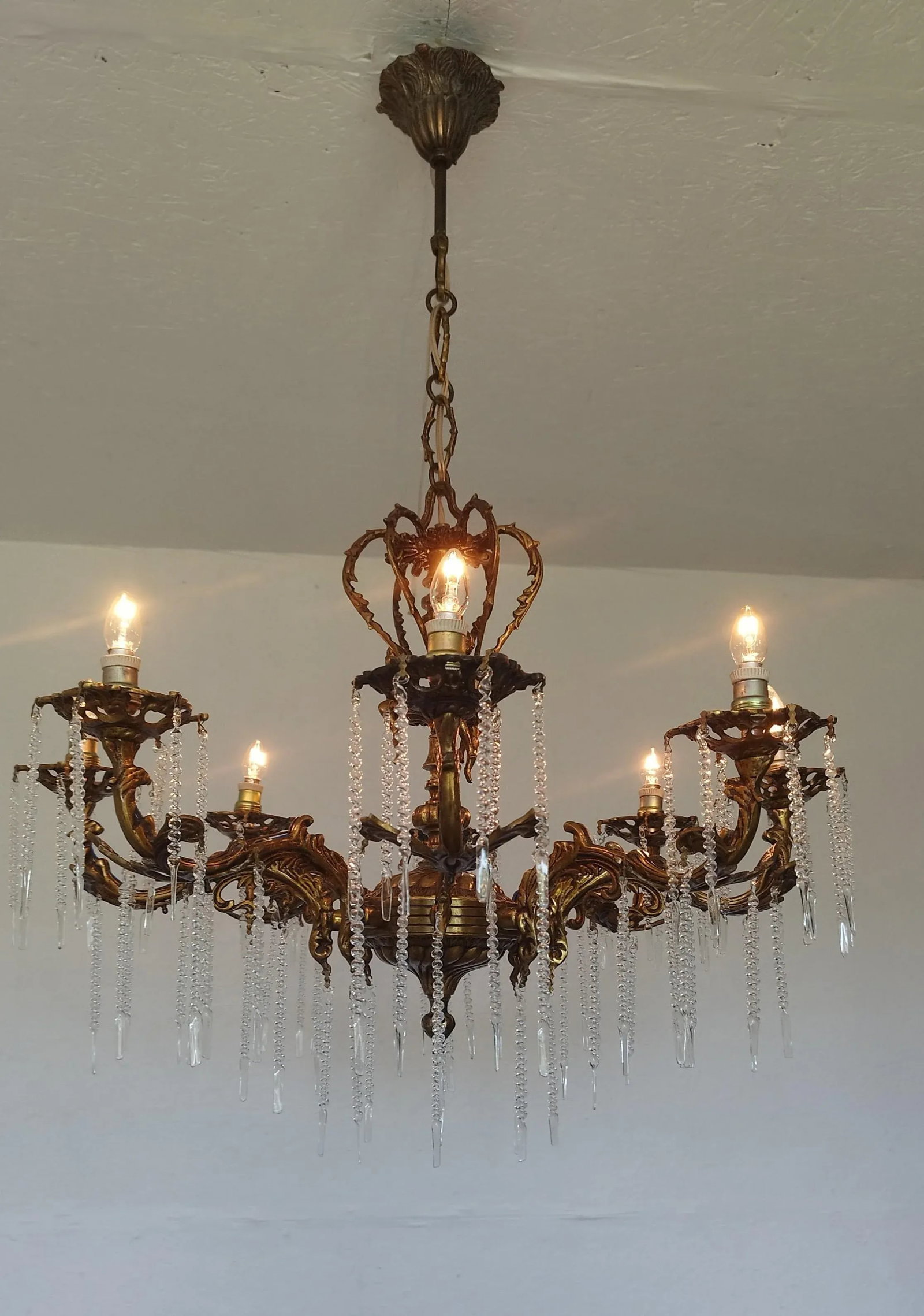 1970s Vintage Solid Bronze Rococo Cherub Chandelier – 8-Light Putti Centerpiece Hollywood - 8