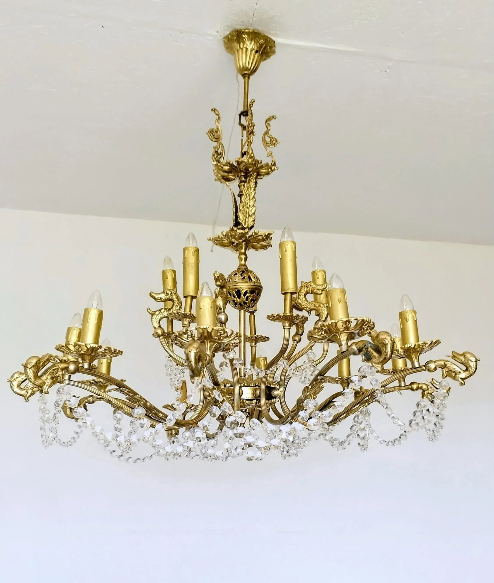 French Vintage Dragon Chandelier Solid Brass Crystal Light 1970s/80s - 2
