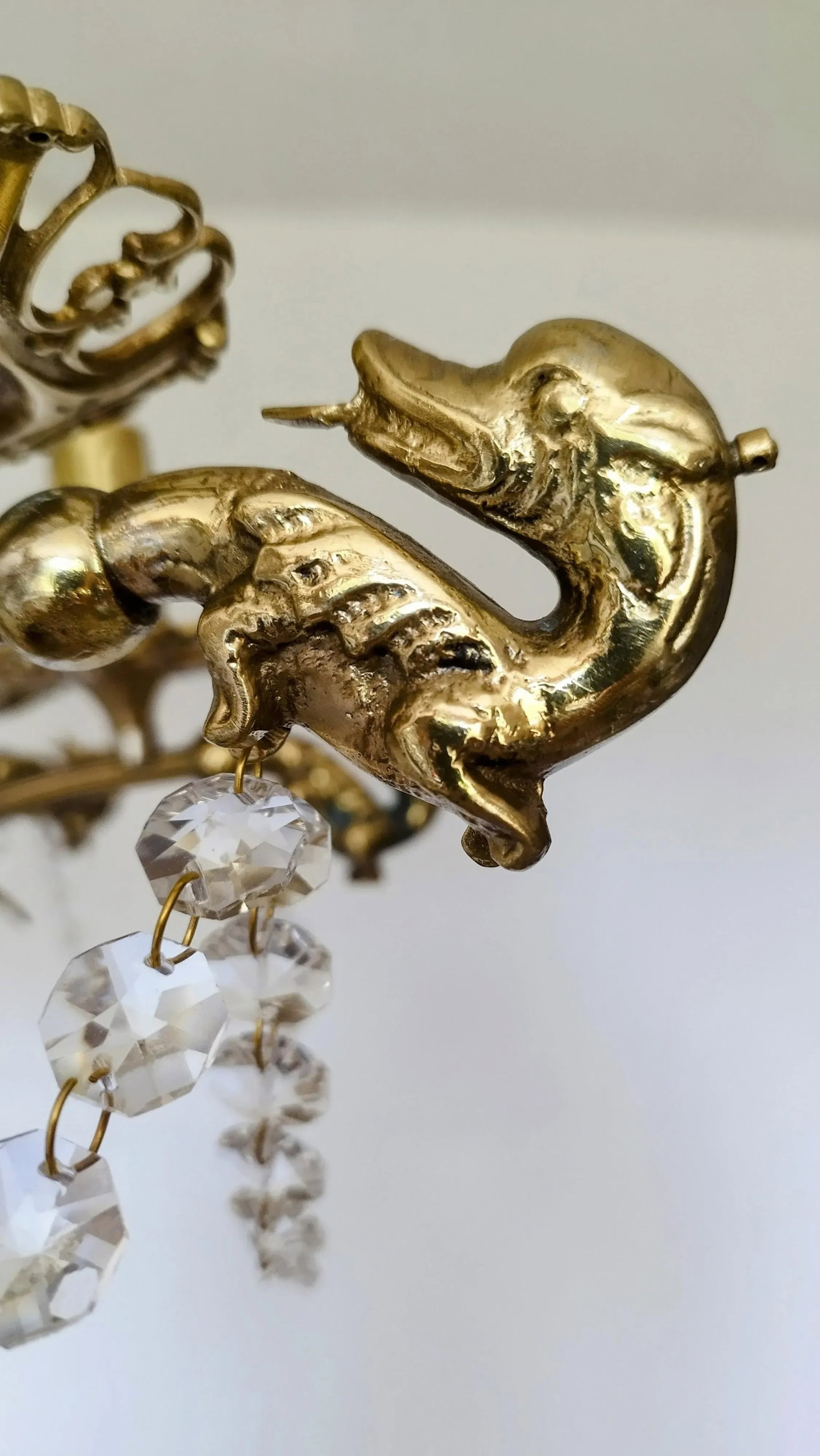 French Vintage Dragon Chandelier Solid Brass Crystal Light 1970s/80s - 3