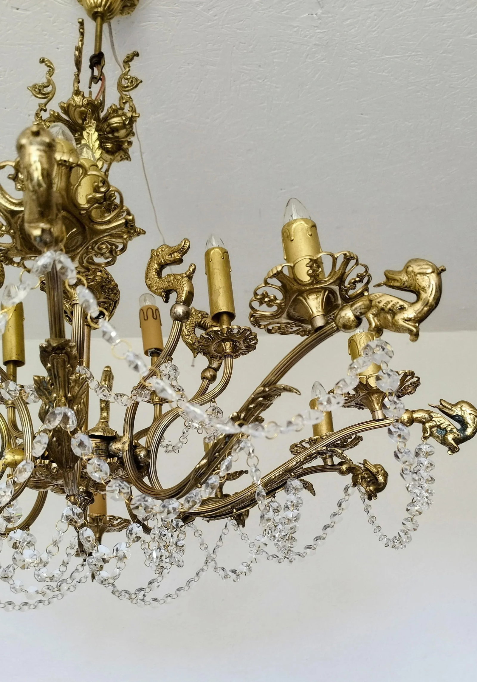 French Vintage Dragon Chandelier Solid Brass Crystal Light 1970s/80s - 5