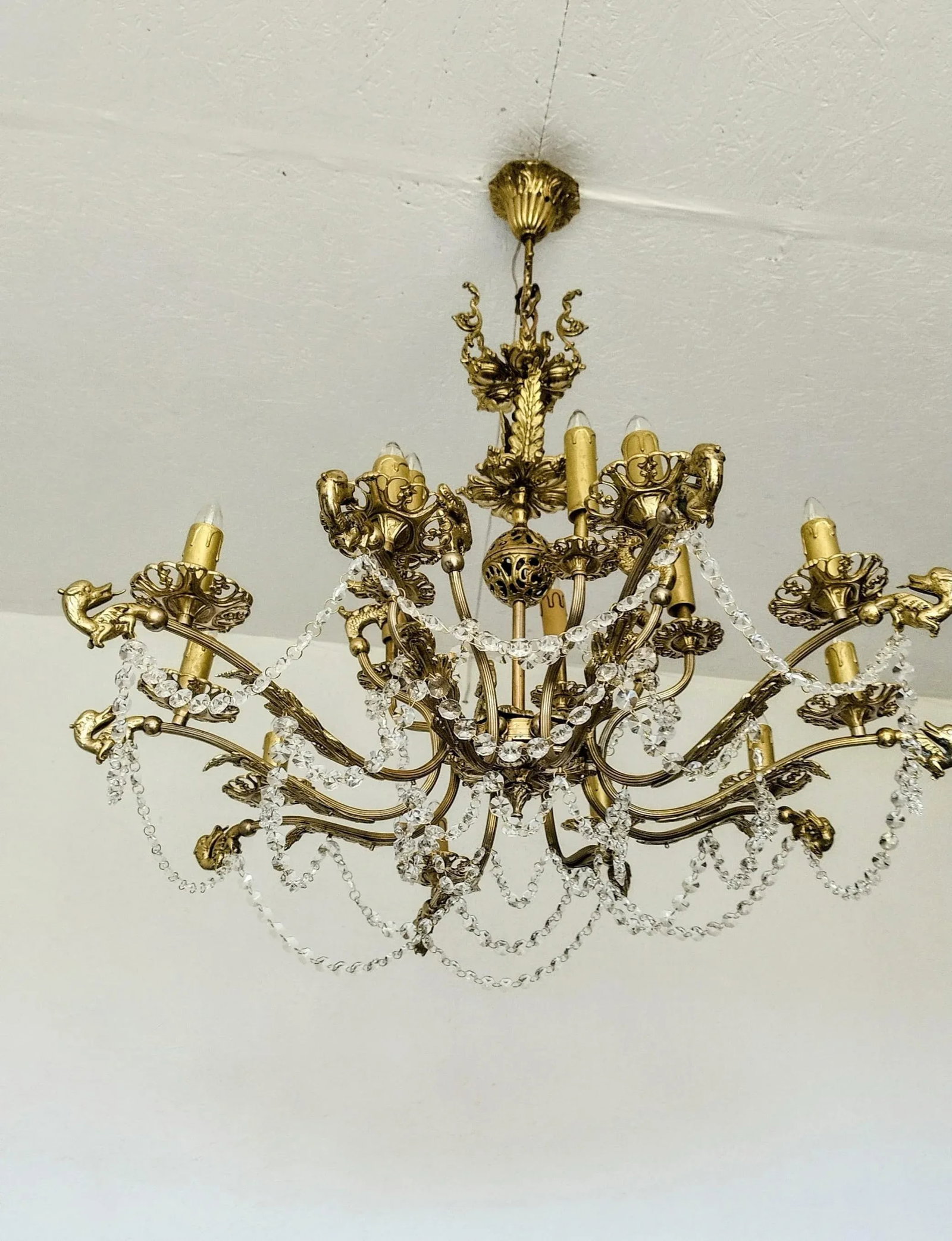 French Vintage Dragon Chandelier Solid Brass Crystal Light 1970s/80s - 6