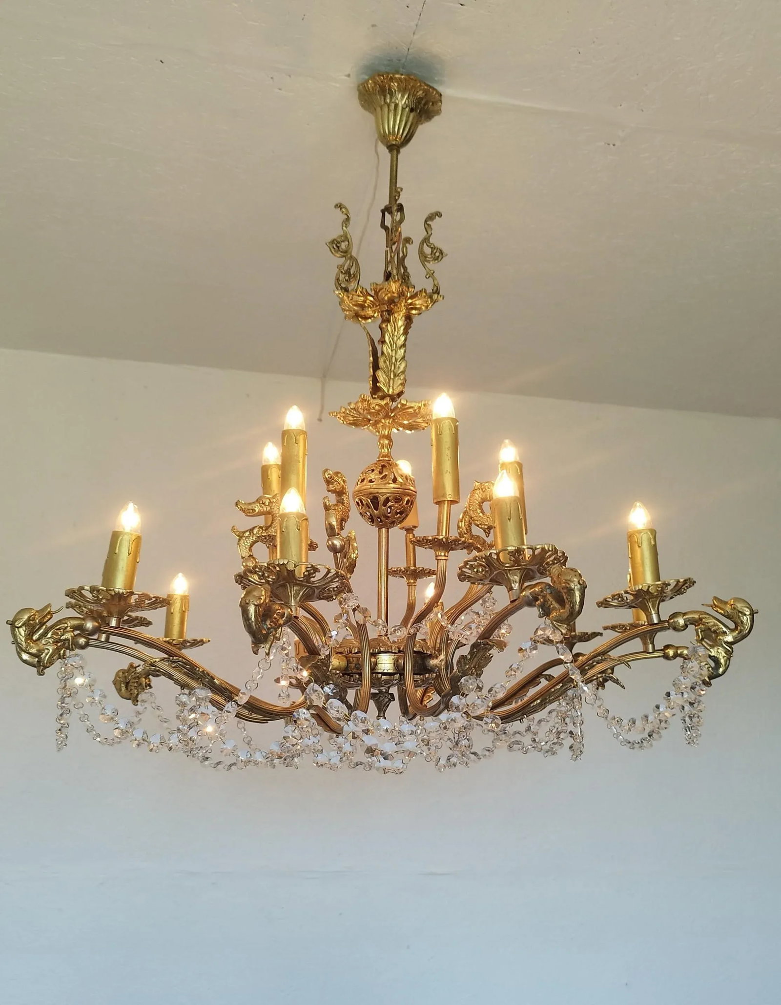French Vintage Dragon Chandelier Solid Brass Crystal Light 1970s/80s - 7