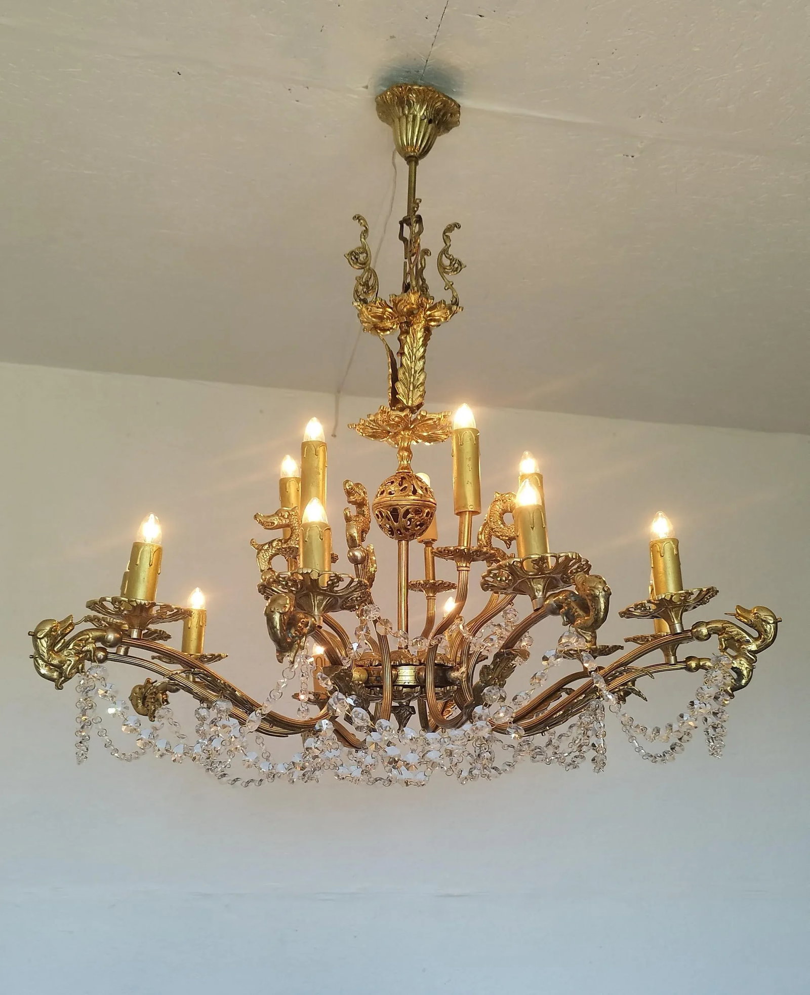 French Vintage Dragon Chandelier Solid Brass Crystal Light 1970s/80s - 9