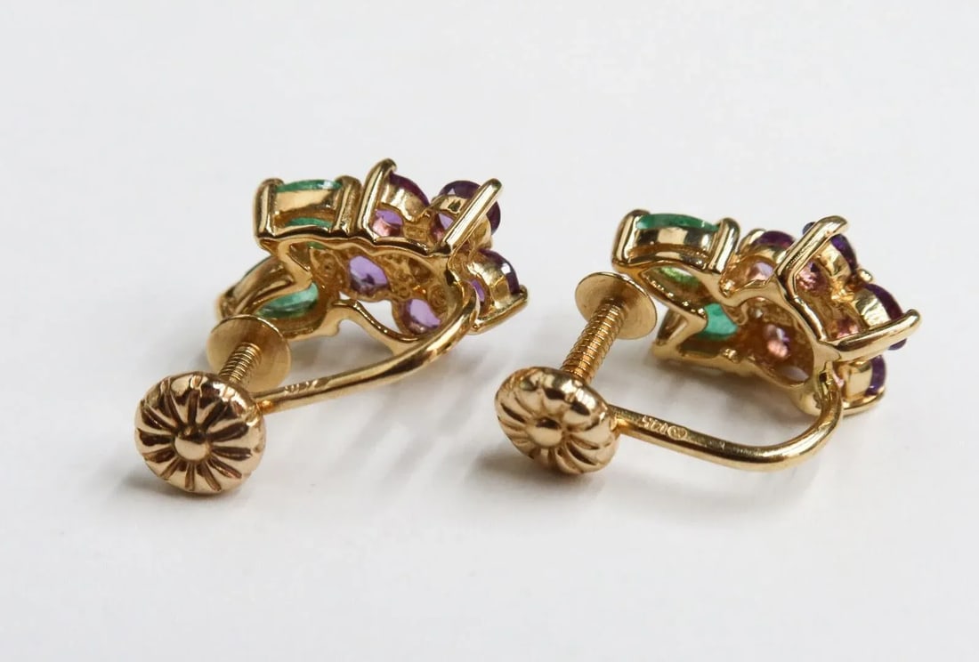 House of Igor Carl Fabergé Yellow Gold Amethyst Emerald Diamond Floral Earrings, A Pair - 3