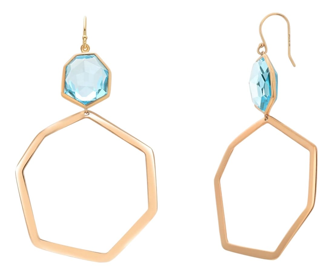 Ippolita 18k Yellow Gold Blue Topaz Statement Drop Earrings 3 Inch Long, A Pair: Make a striking statement with these dramatic and luxurious Ippolita 18K Yellow Gold Drop Earrings, showcasing bold faceted blue topaz gemstones in a cascading, artful design. Measuring an impressive