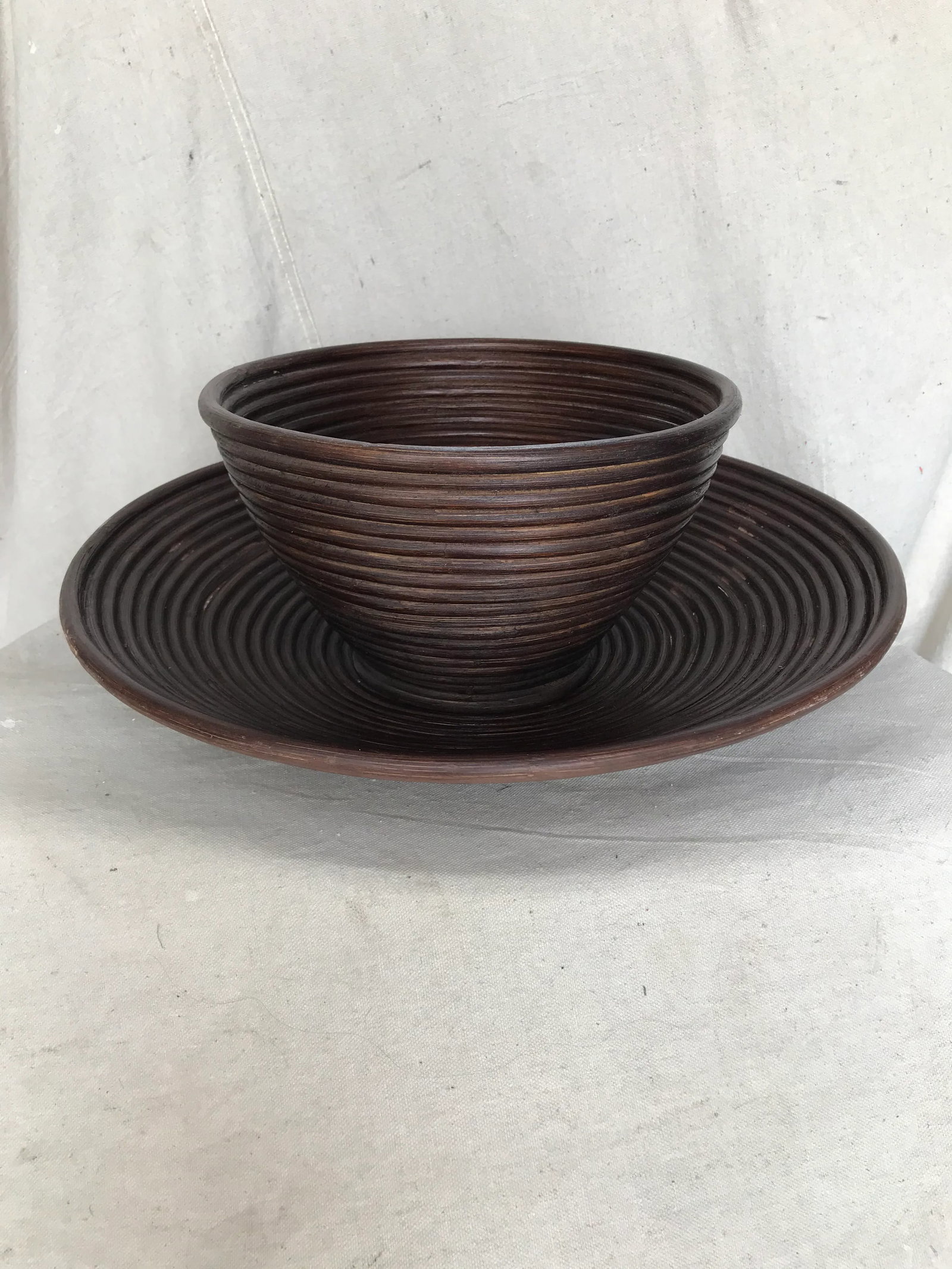 Vintage 1970s Coiled Bent Bamboo Pencil Reed Bowl & Plate - Pair - 4
