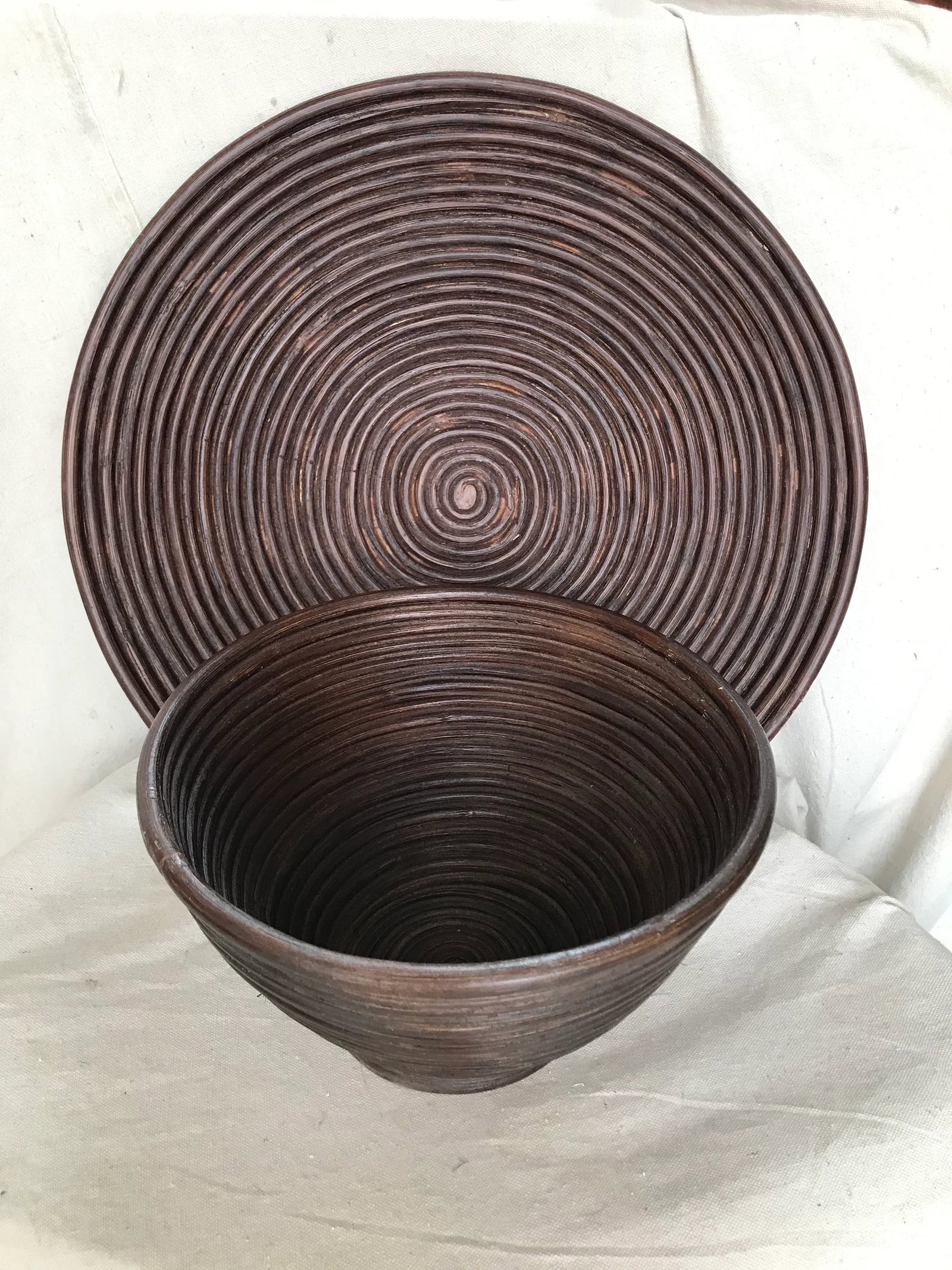 Vintage 1970s Coiled Bent Bamboo Pencil Reed Bowl & Plate - Pair - 7