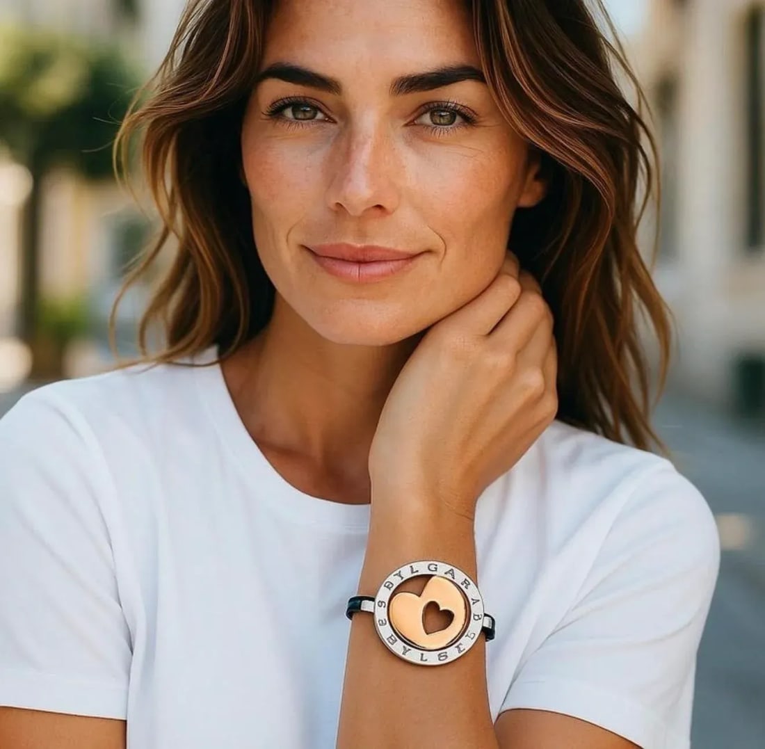 Bvlgari "Tondo" 18k Yellow Gold Stainless Steel Double Heart Cord Bracelet - 2