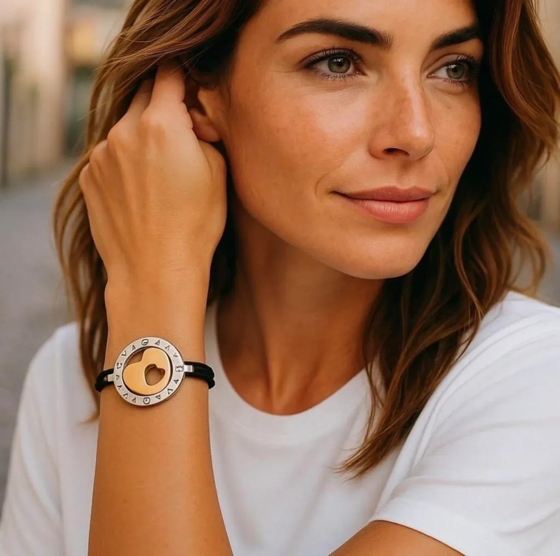 Bvlgari "Tondo" 18k Yellow Gold Stainless Steel Double Heart Cord Bracelet - 6