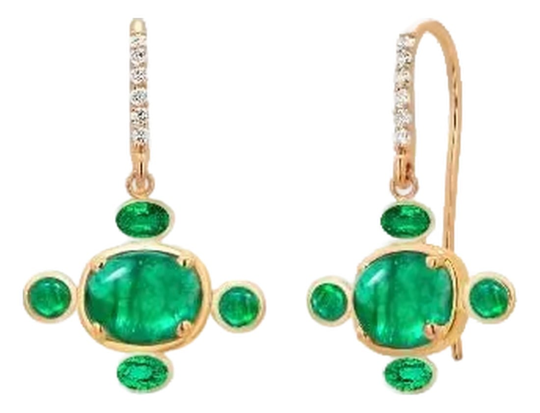 14k Yellow Gold Diamond and Colombian Emerald Drop Hoop Earrings, A Pair: Handmade in the USA – Fine Jewelry from the Heart of New York's Diamond District Elevate your jewelry collection with these luxurious 14K yellow gold shepherd hoop earrings, masterfully