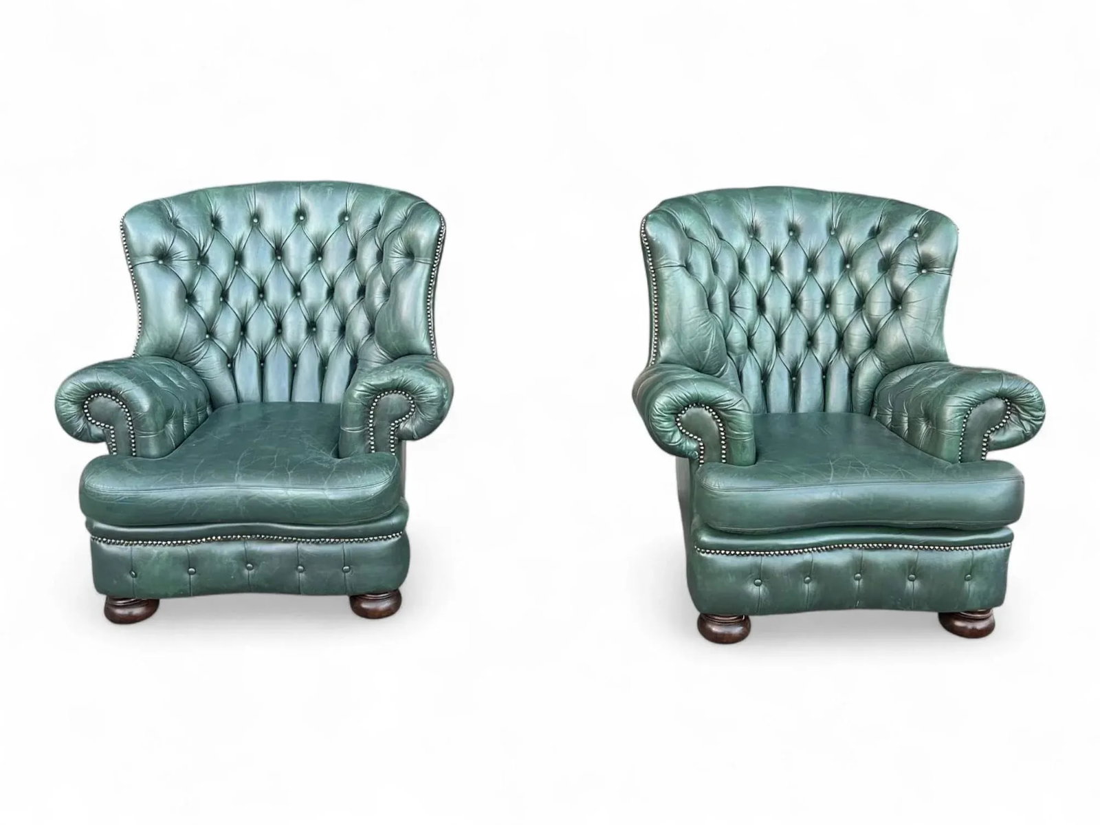 Restored Pair of Vintage Tufted Leather Club Chairs With Brass Nailhead Trim - 2