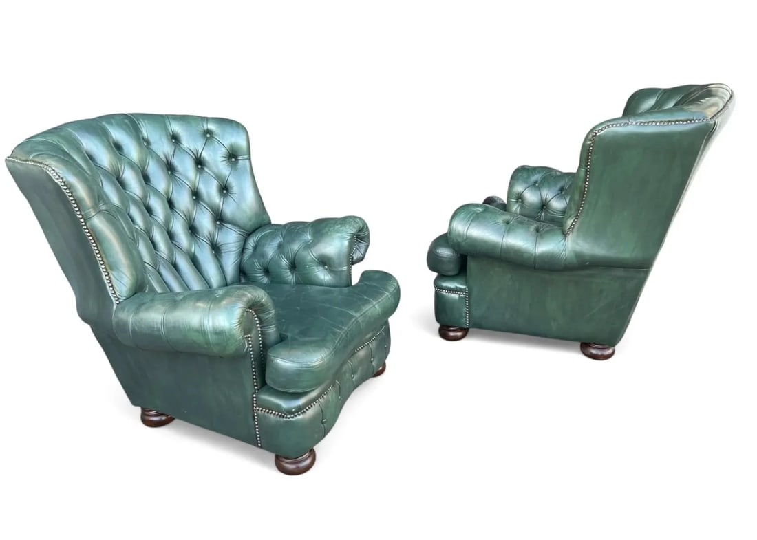 Restored Pair of Vintage Tufted Leather Club Chairs With Brass Nailhead Trim - 4