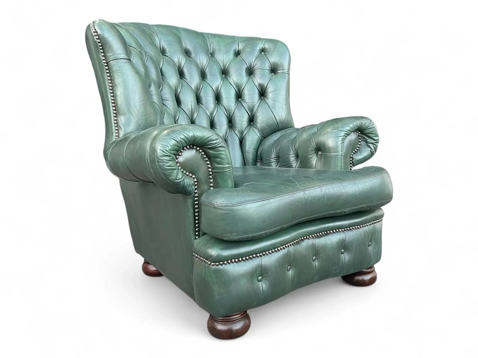 Restored Pair of Vintage Tufted Leather Club Chairs With Brass Nailhead Trim - 7