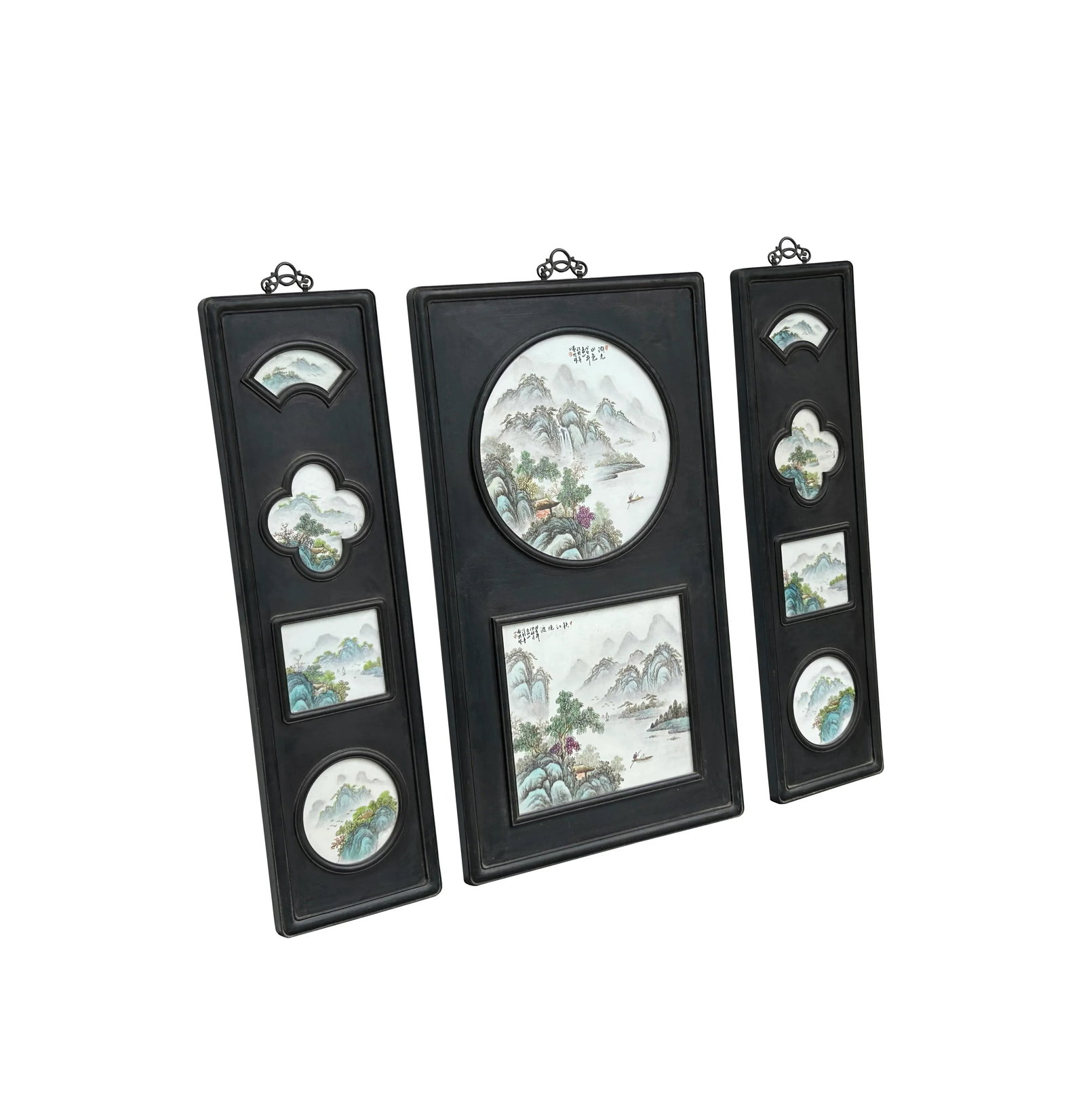 Chinese Mountain River Porcelain Painting Wall Panel 3 Pieces Set - 3
