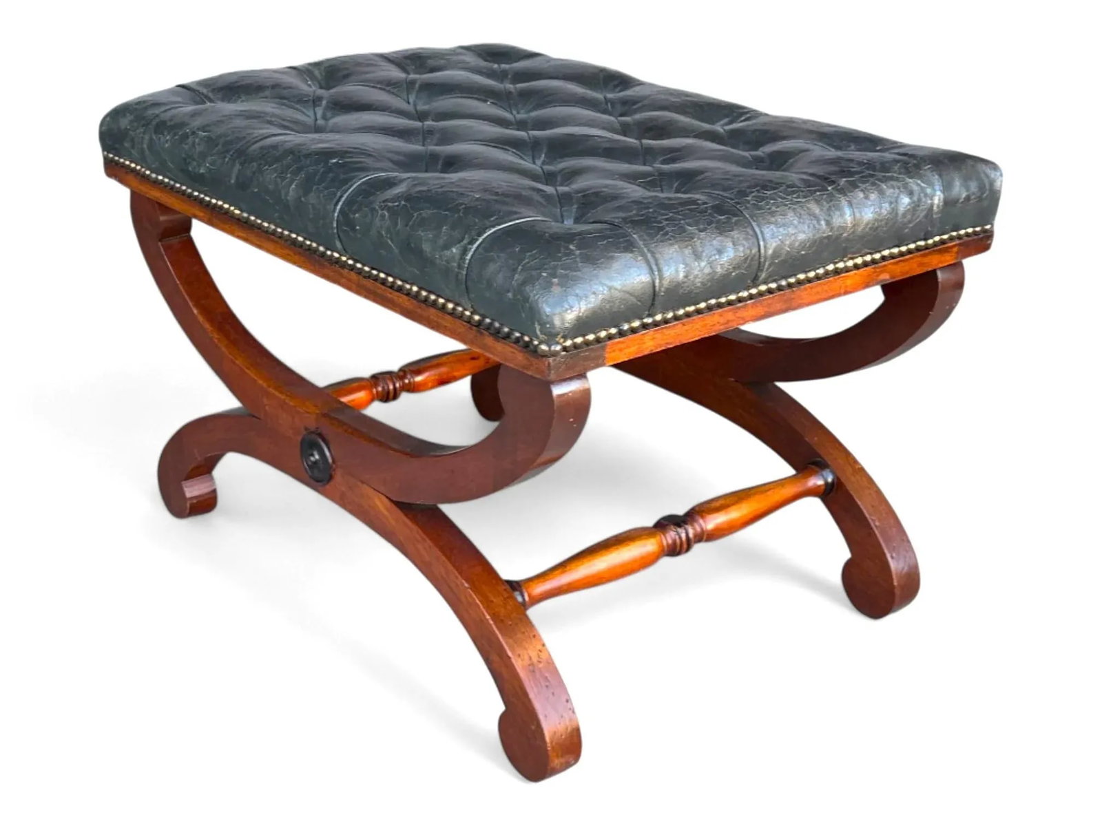 19th-Century Mahogany Bench With Tufted Leather Seat and Brass Nailhead Trim - 12