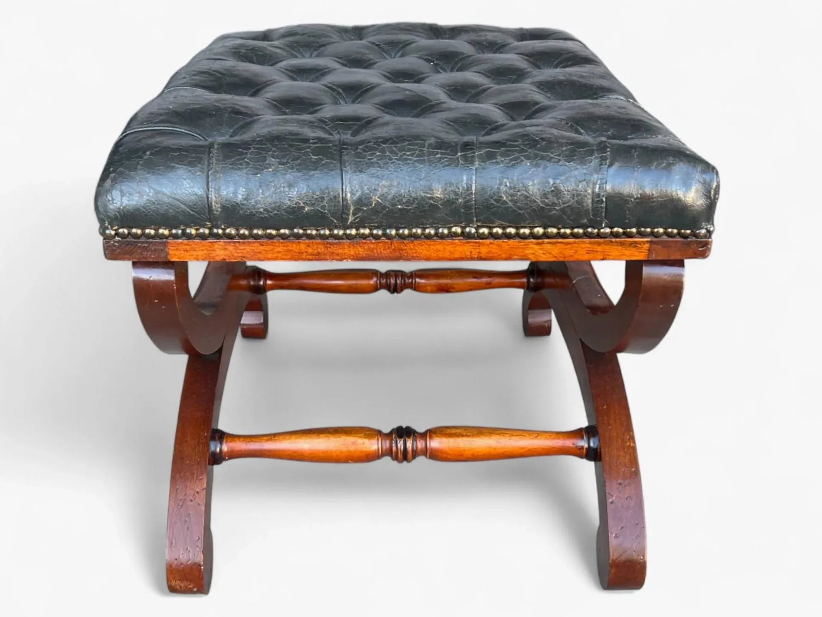 19th-Century Mahogany Bench With Tufted Leather Seat and Brass Nailhead Trim - 13