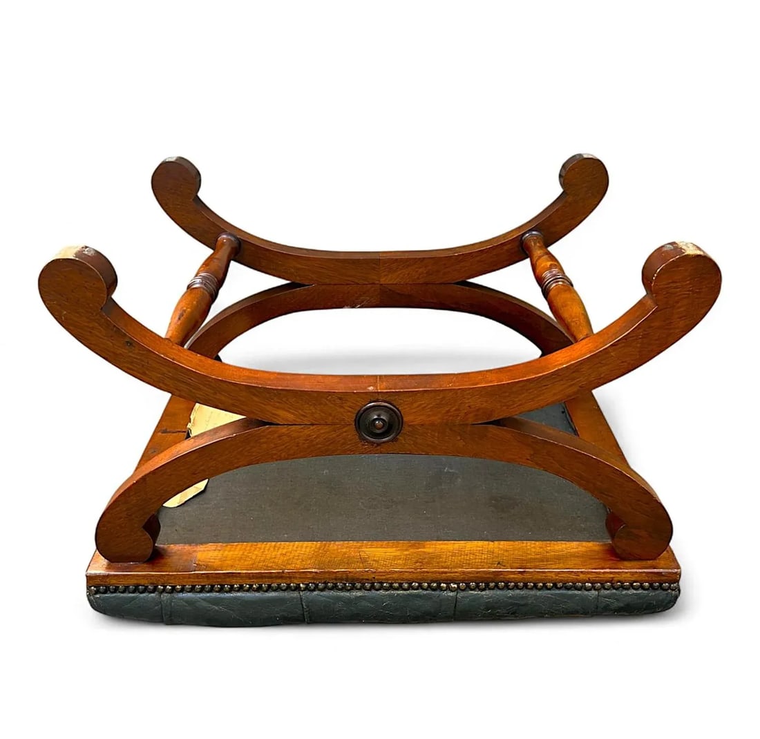 19th-Century Mahogany Bench With Tufted Leather Seat and Brass Nailhead Trim - 15