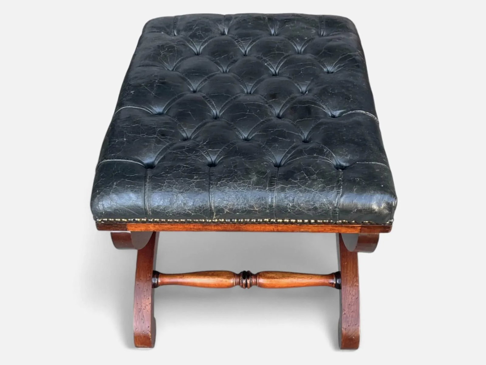 19th-Century Mahogany Bench With Tufted Leather Seat and Brass Nailhead Trim - 16