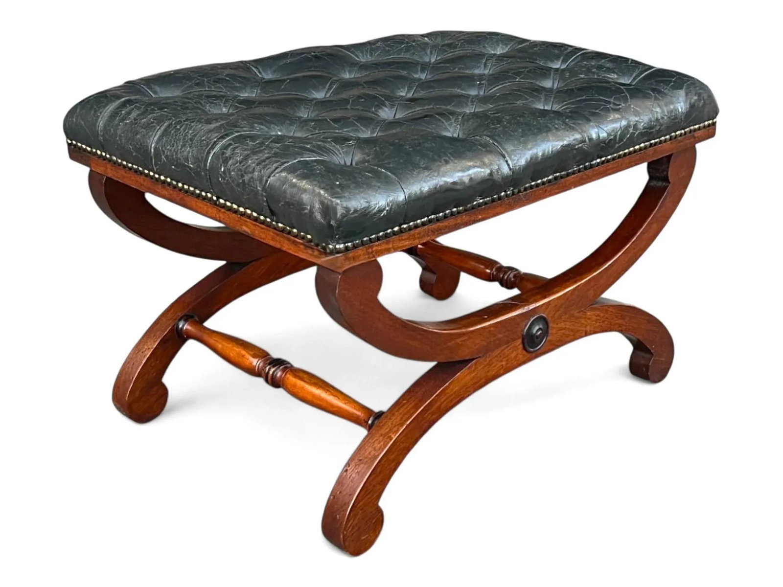 19th-Century Mahogany Bench With Tufted Leather Seat and Brass Nailhead Trim - 4