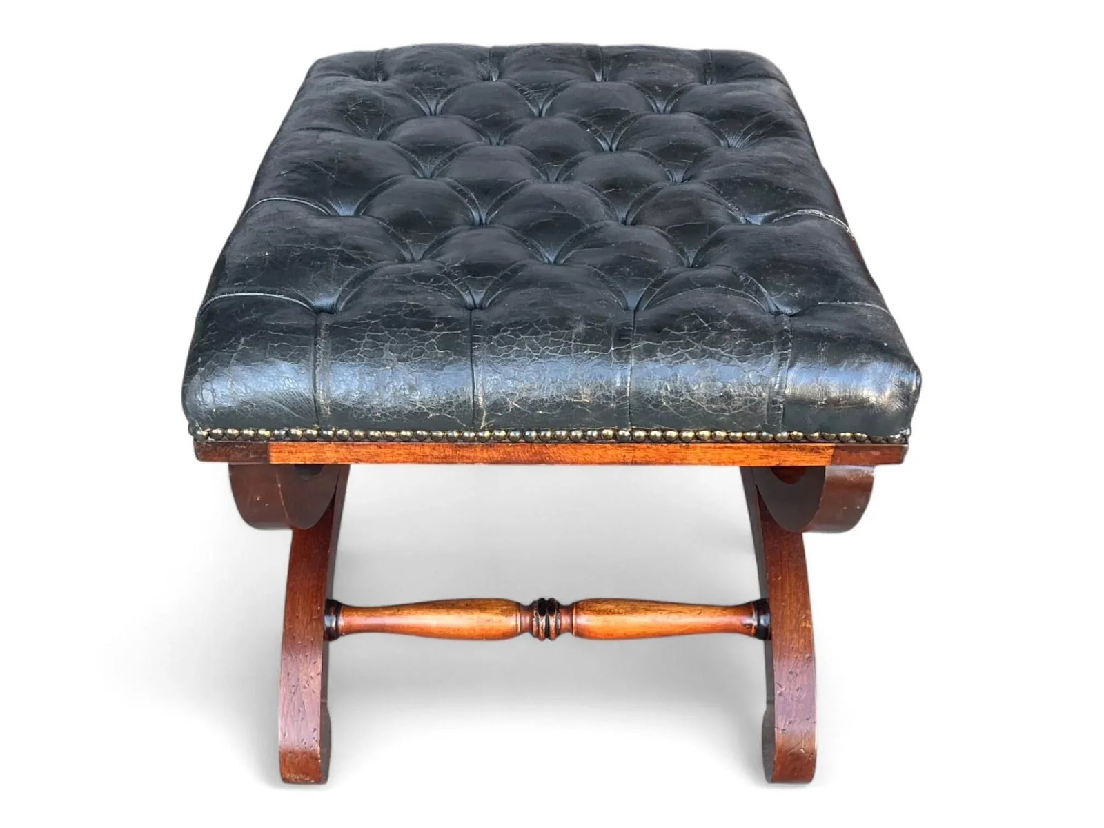 19th-Century Mahogany Bench With Tufted Leather Seat and Brass Nailhead Trim - 8