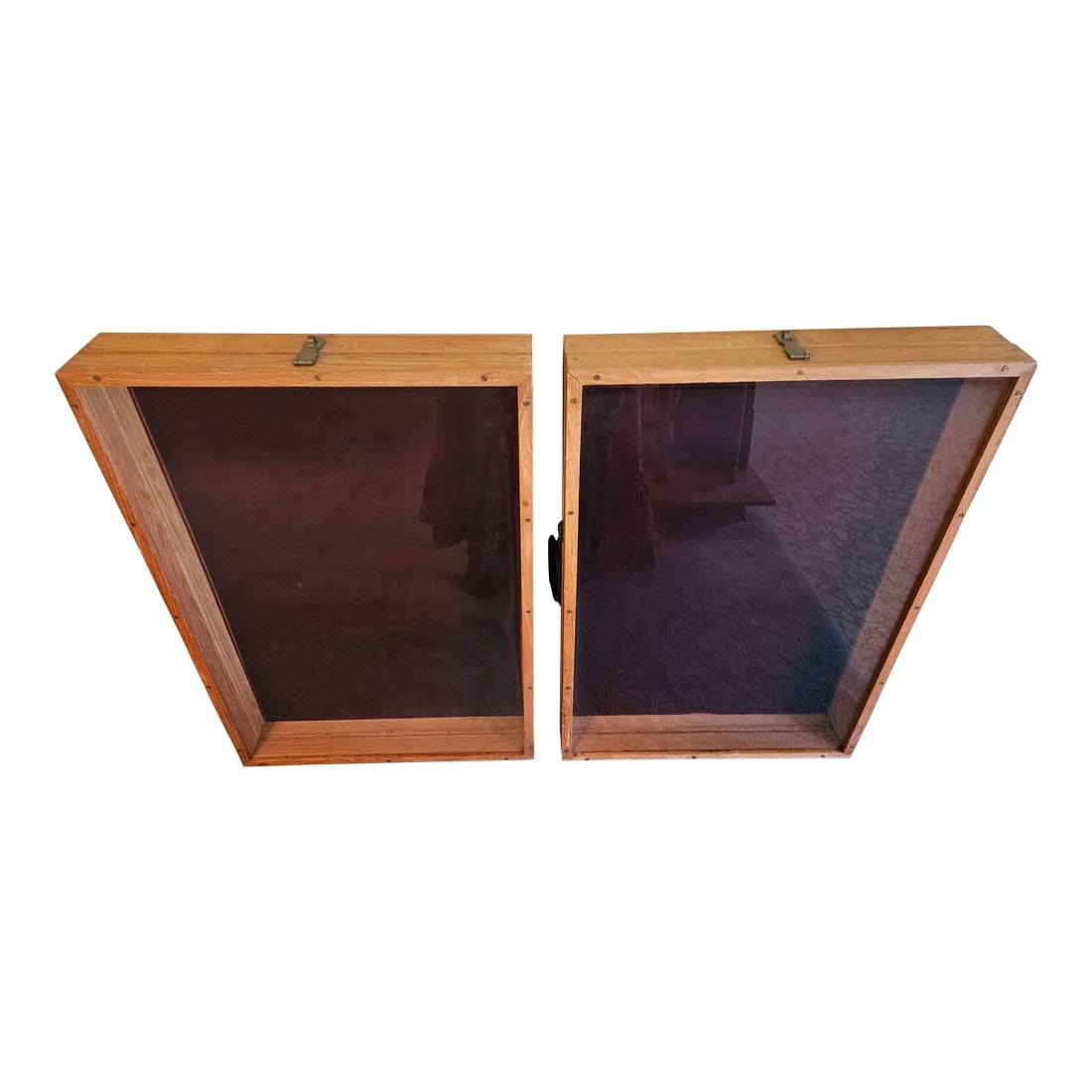 1970s Pair of 2 Rustic Hardwood Hand Made Portable Jewelry Toys Tabletop Display Cases Cabinets: This marvelous pair of 2 vintage portable display cases are created in unfinished hard wood, are rectangular in shape and havea side lift hinge with locking brass and convenient carrying handle. The