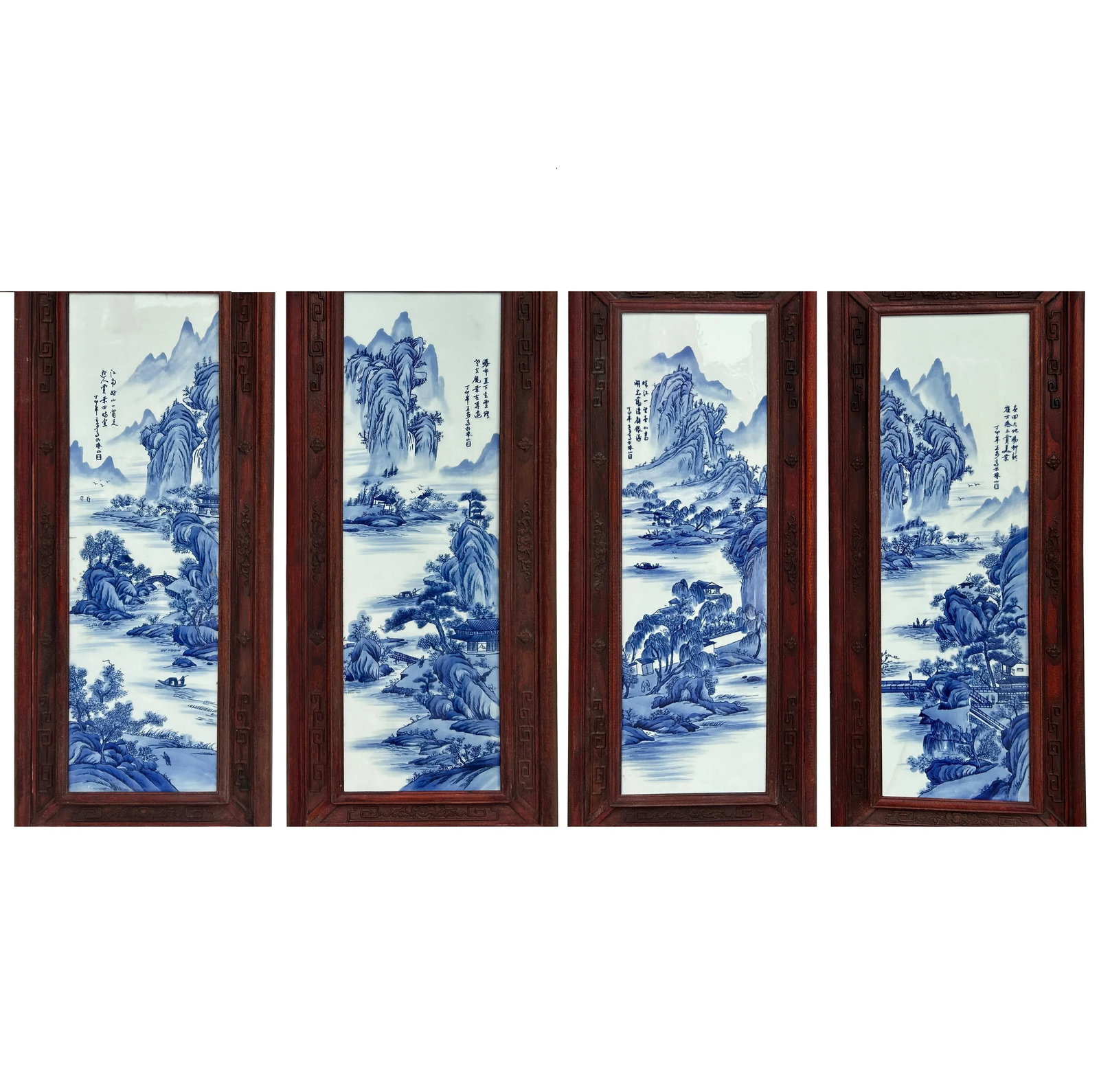 Set 4 Chinese Blue White Landscape Porcelain Painting Wall Panels - 6