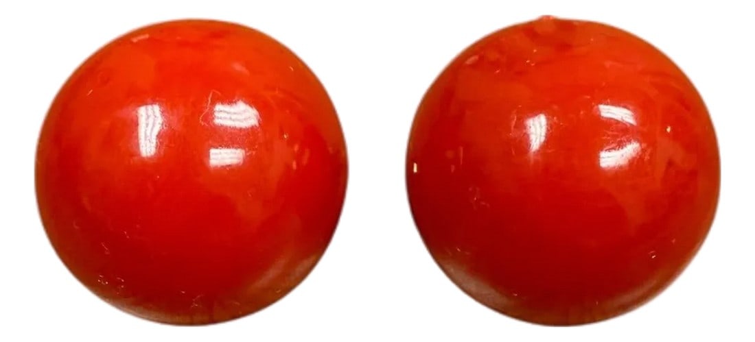 Vintage Red Domed Clip on Earrings Hong Kong, A Pair: Made in Hong Kong Cherry Red Domed Earrings Plastic with gold tone metal clip on closures From my mother's personal collection Mid-20th century Approximately 1" x 1" x 1" Condition: