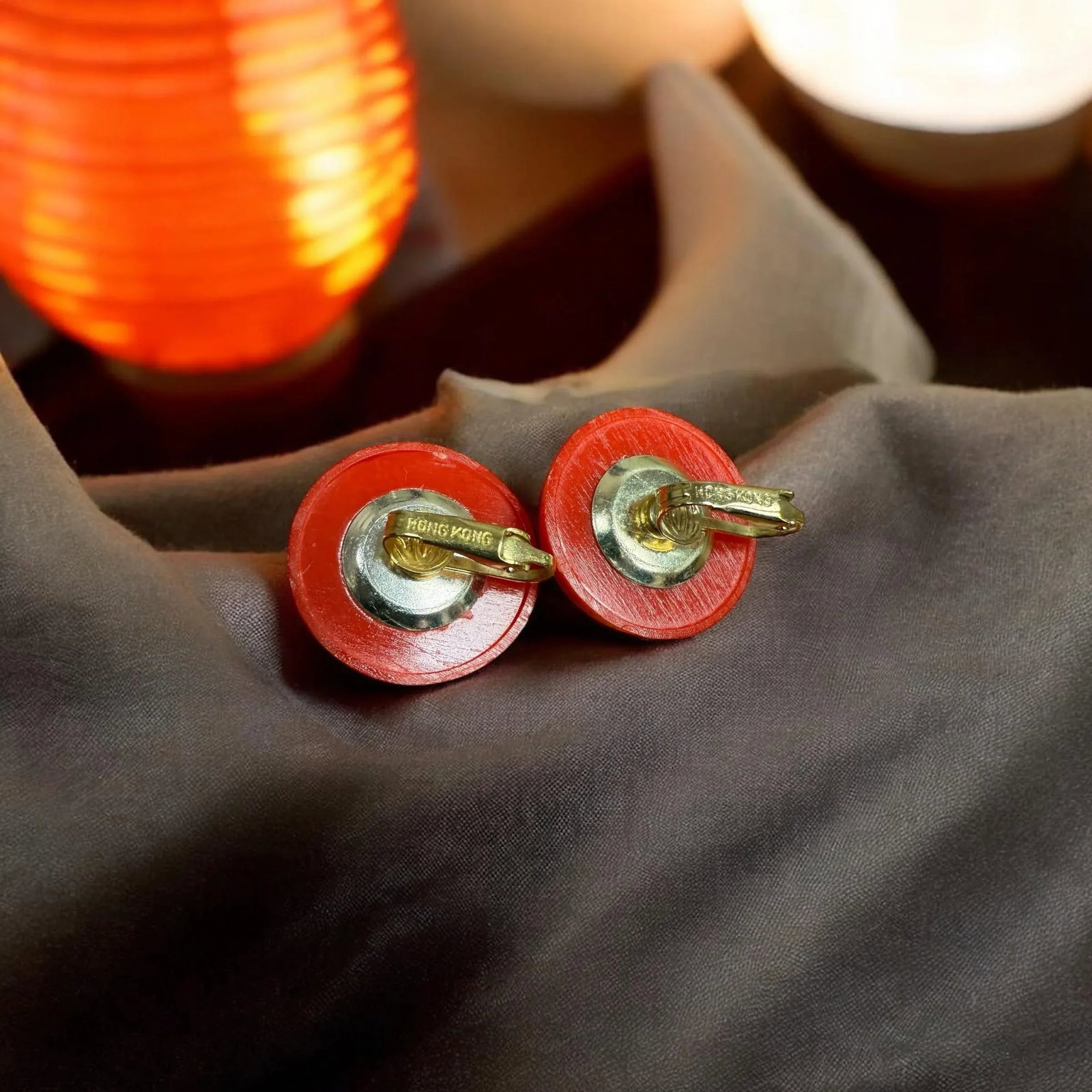 Vintage Red Domed Clip on Earrings Hong Kong, A Pair - 9