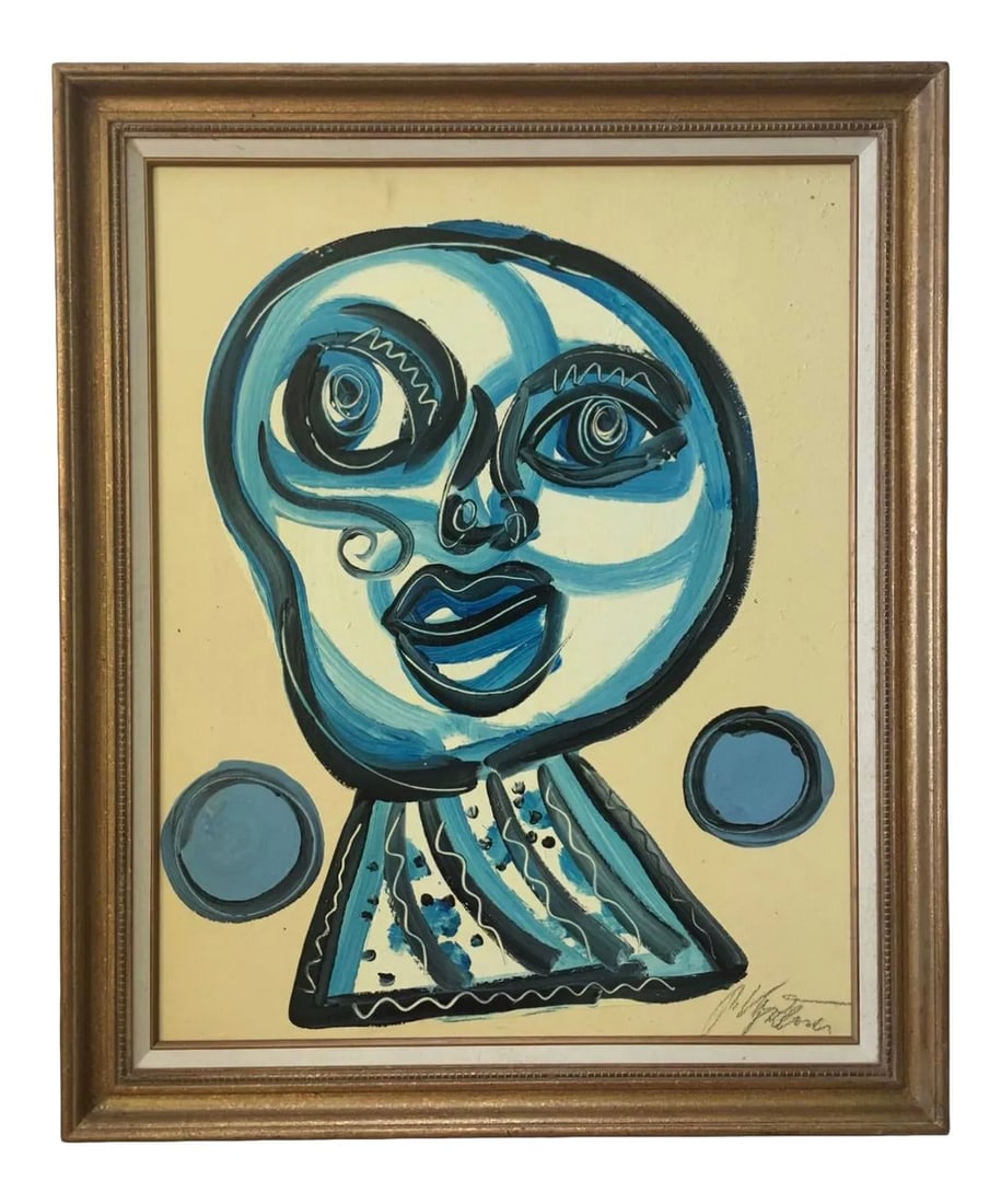 Mid 20th Century Abstract Portrait Acrylic Painting by Peter Keil, Framed: Peter Keil is a German artist that focuses primarily on abstract expressionism. Keil painted with some of the greats including Joan MirÃ³, Pablo Picasso and Andy Warhol, to name a few. This